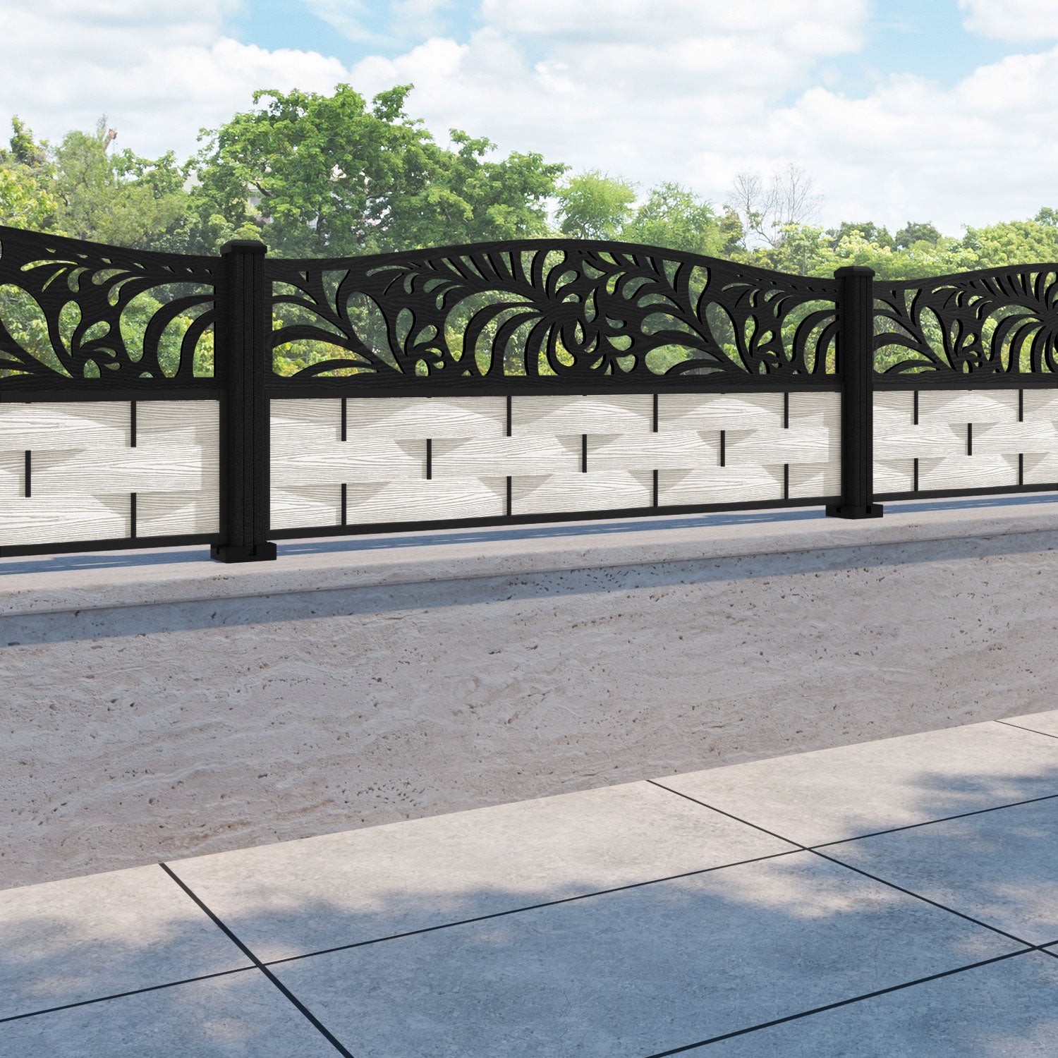 Ripple Petal Curved Top Fence Panel - Light Stone - with our composite posts