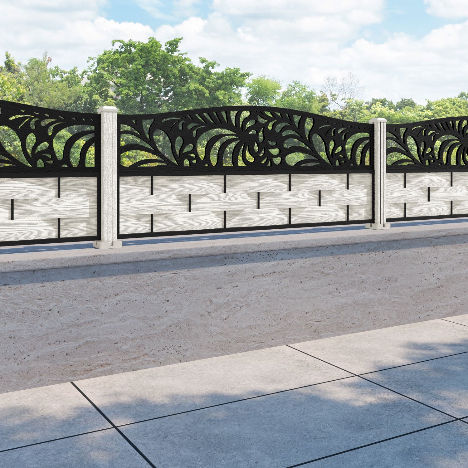 Ripple Petal Curved Top Fence Panel - Light Stone - with our composite posts