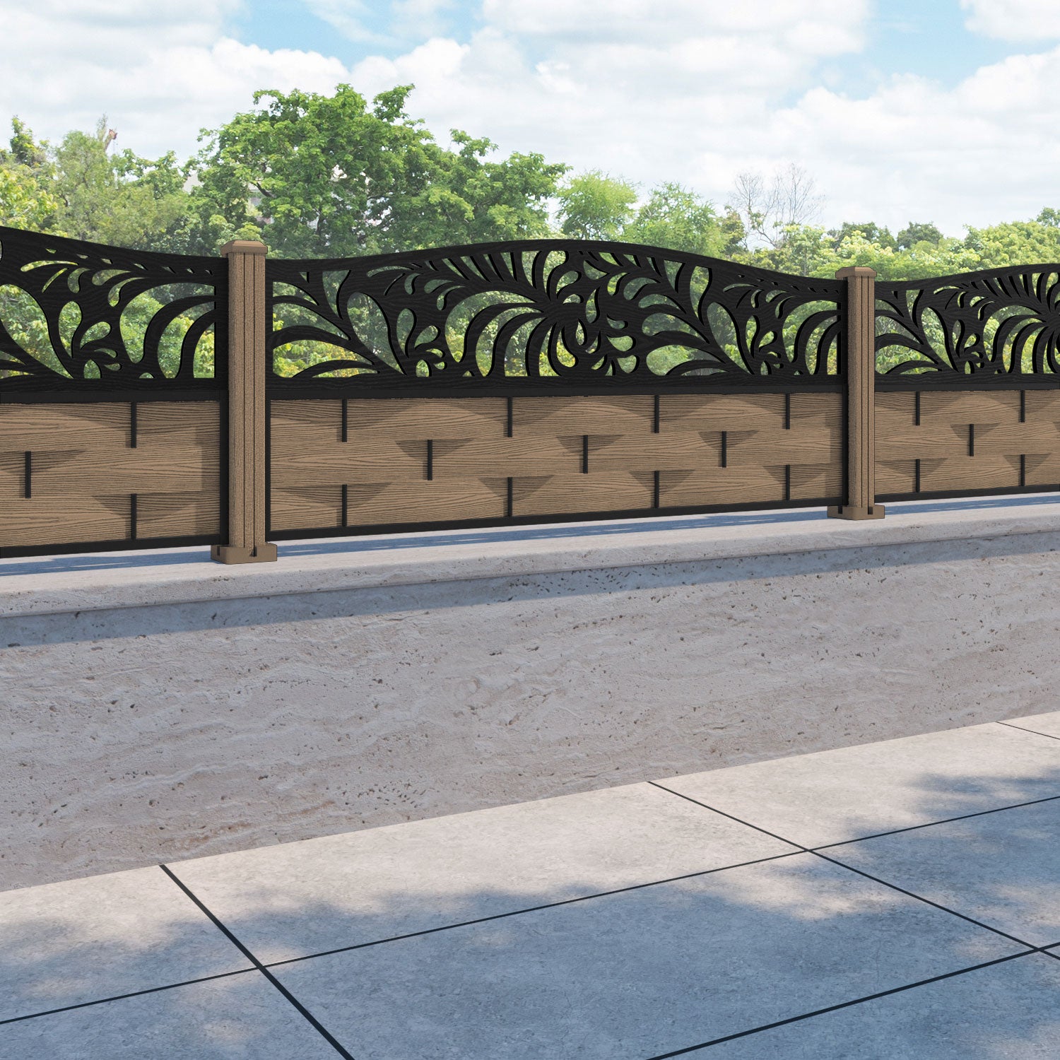 Ripple Petal Curved Top Fence Panel - Teak - with our composite posts