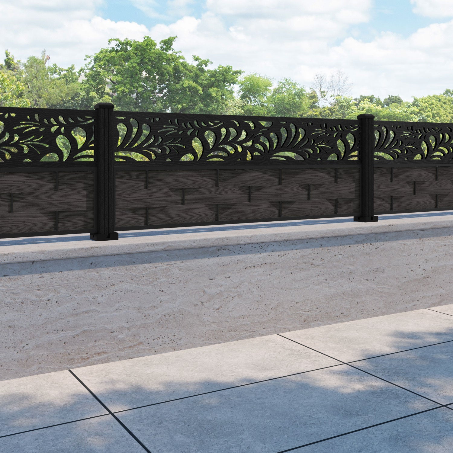 Ripple Petal Fence Panel - Dark Oak - with our composite posts