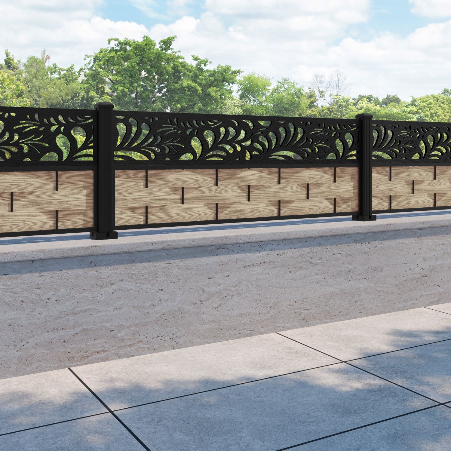 Ripple Petal Fence Panel - Light Oak - with our aluminium posts