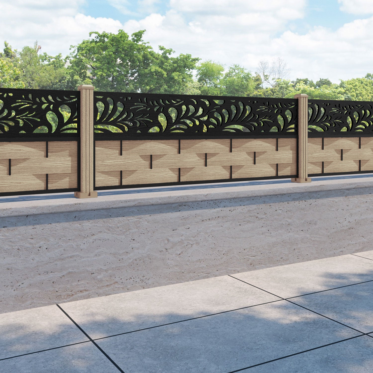 Ripple Petal Fence Panel - Light Oak - with our composite posts