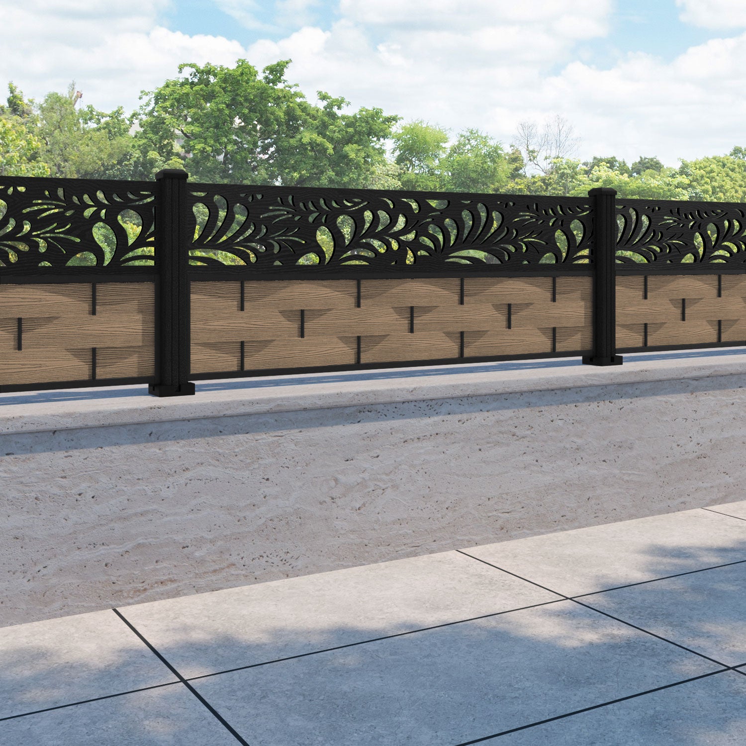 Ripple Petal Fence Panel - Teak - with our composite posts