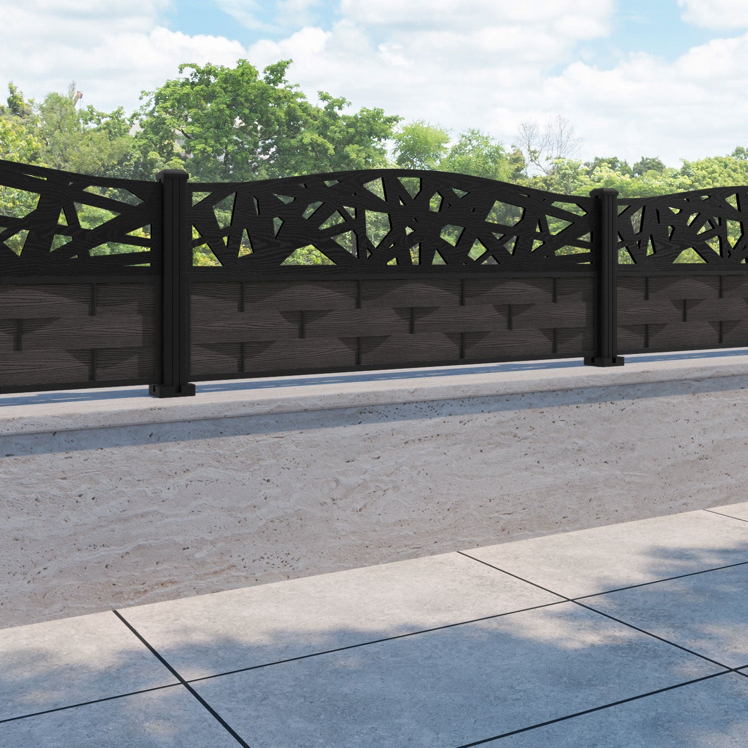 Ripple Prism Curved Top Fence Panel - Dark Oak - with our aluminium posts