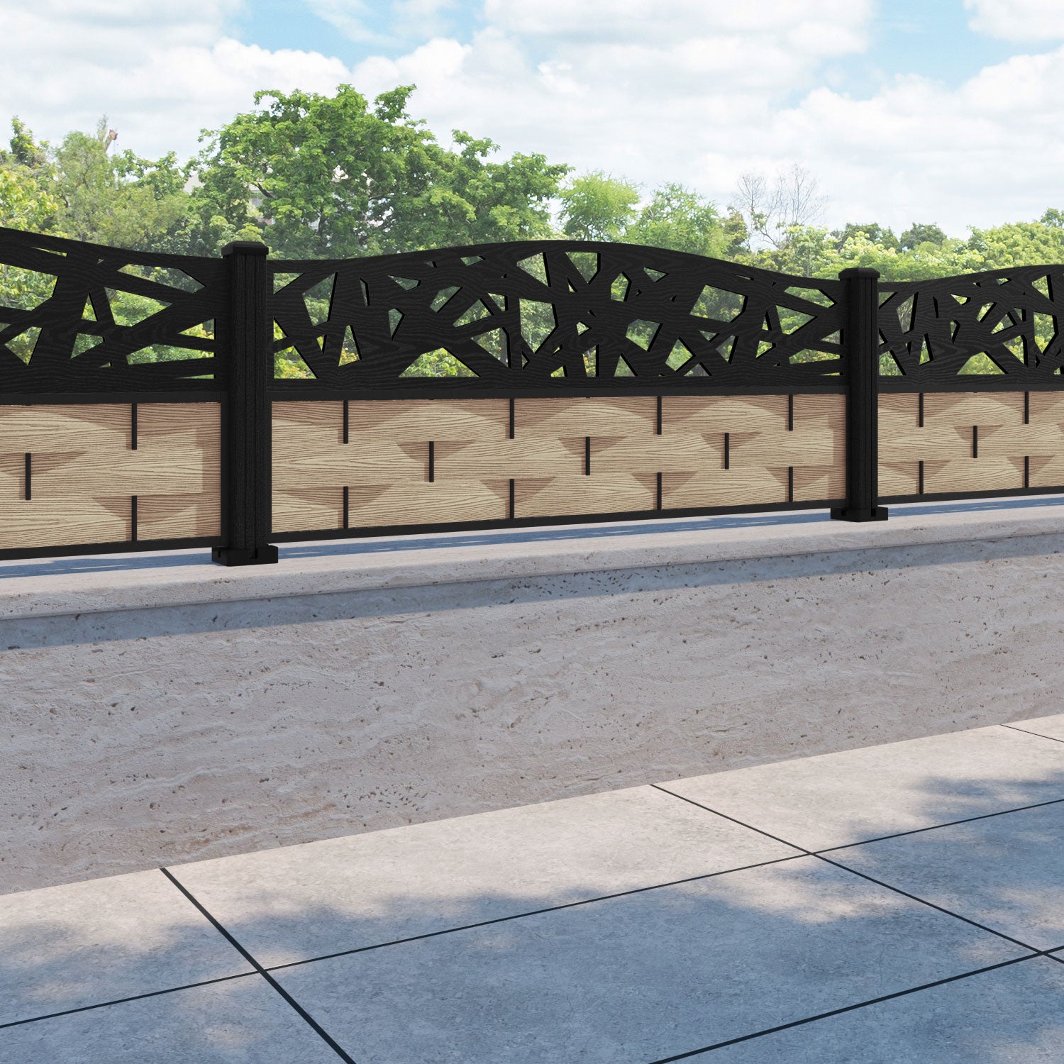 Ripple Prism Curved Top Fence Panel - Light Oak - with our composite posts