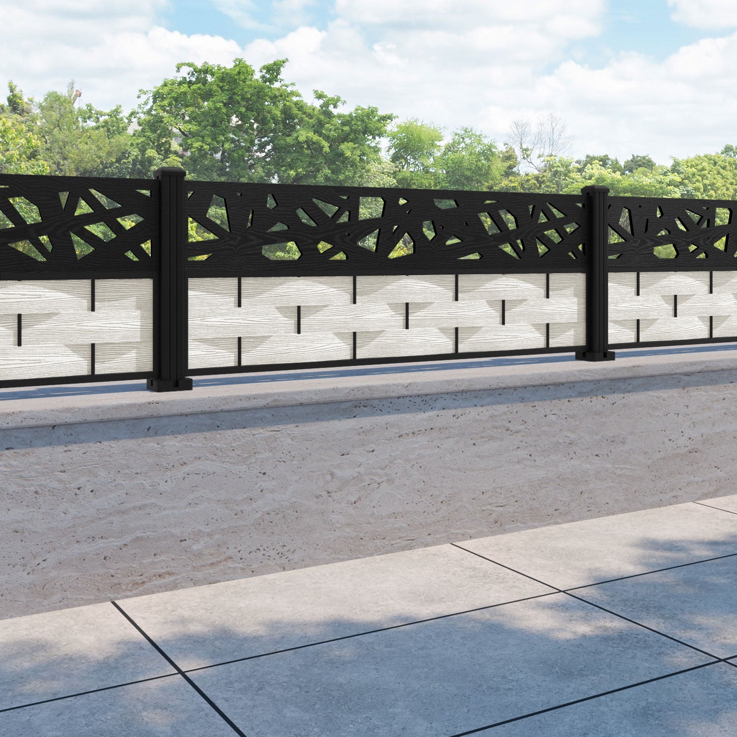 Ripple Prism Fence Panel - Light Stone - with our aluminium posts