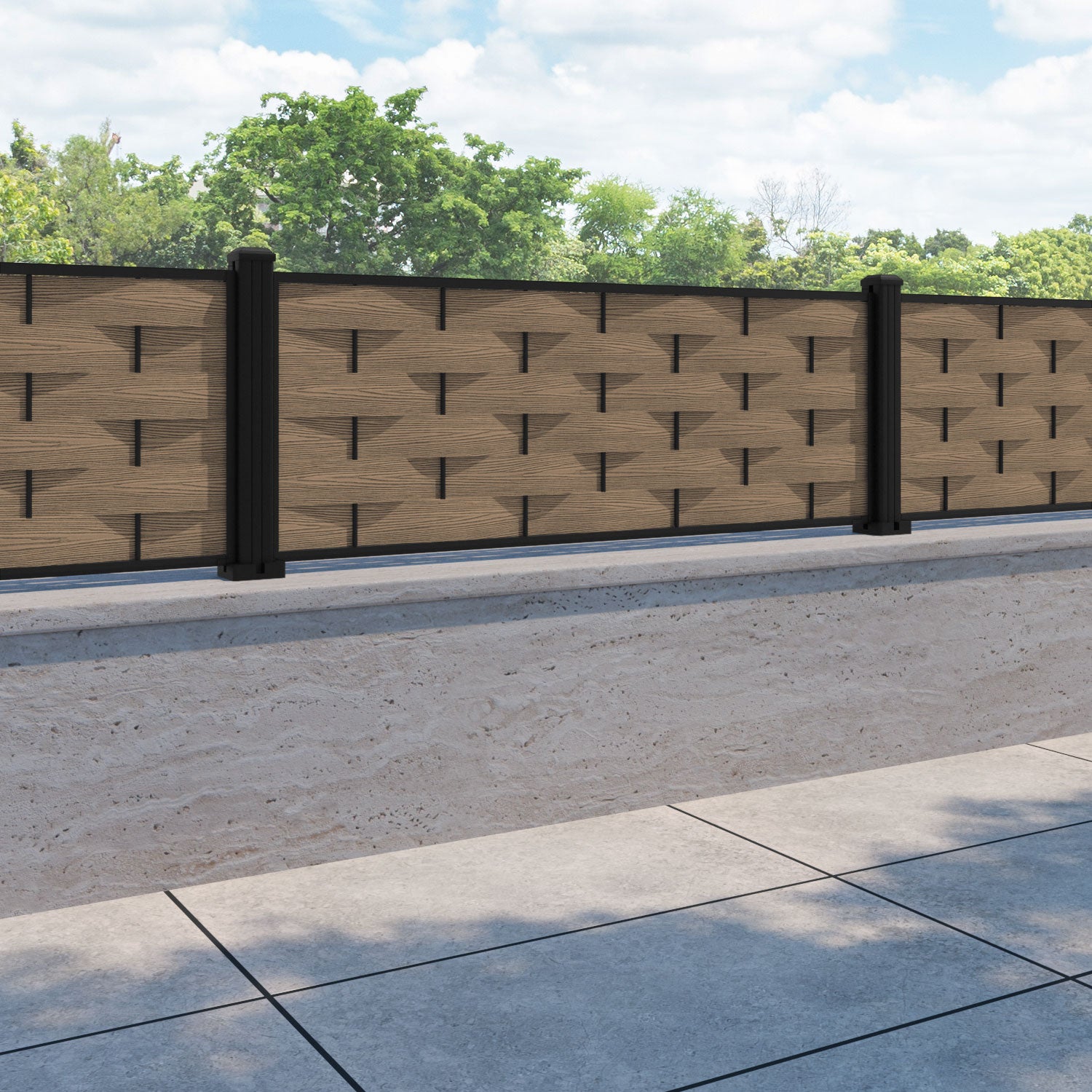 Ripple Fence Panel - Teak - with our aluminium posts