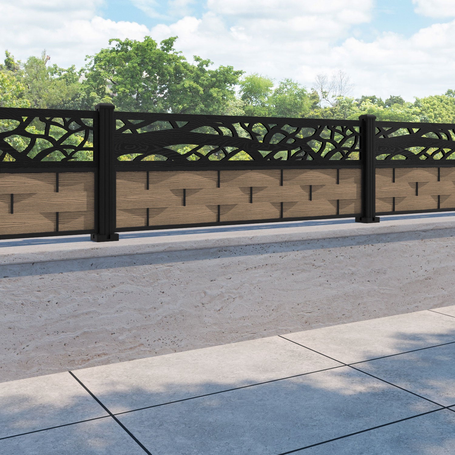 Ripple Twilight Fence Panel - Teak - with our aluminium posts