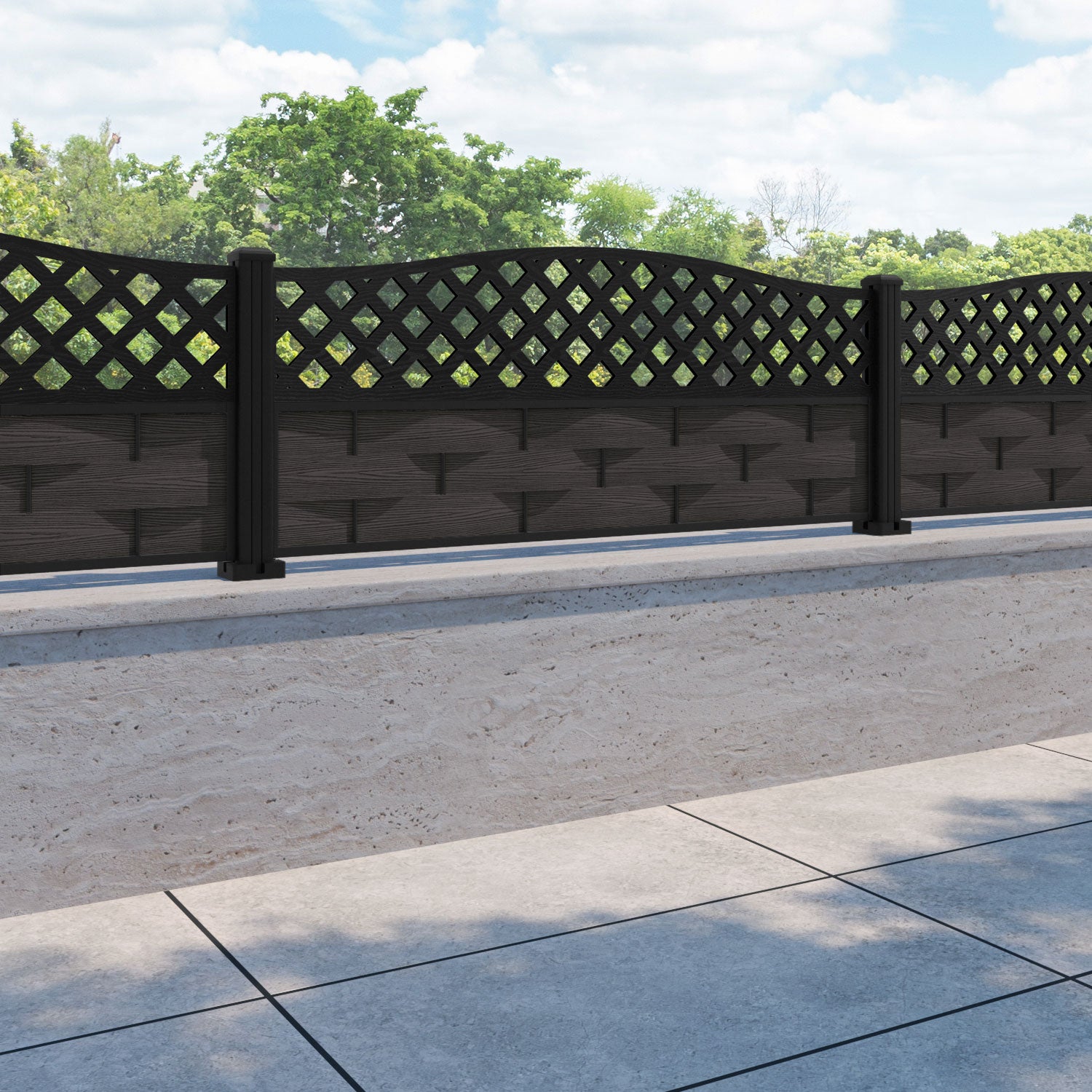 Ripple High Wave Fence Panel - Dark Oak - with our aluminium posts