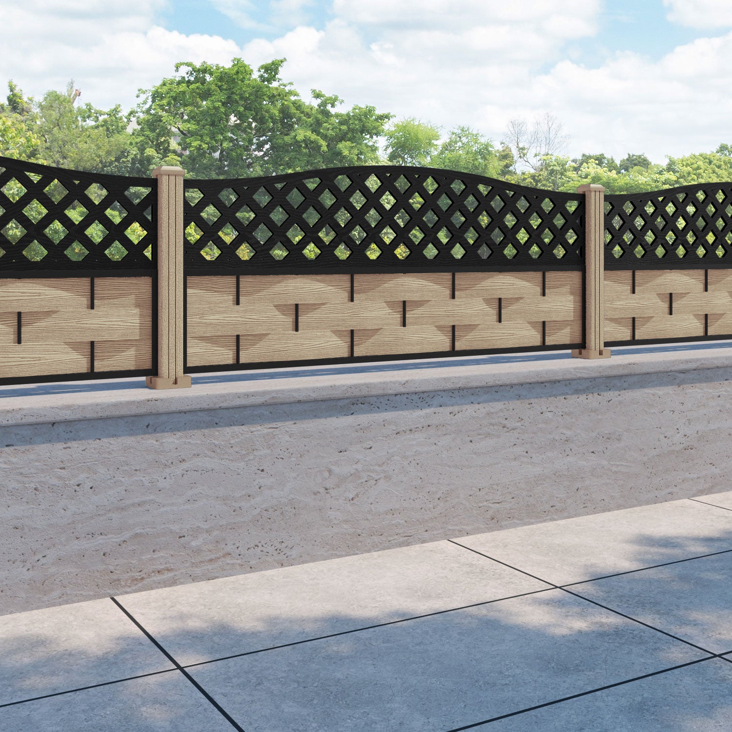 Ripple High Wave Fence Panel - Light Oak - with our composite posts