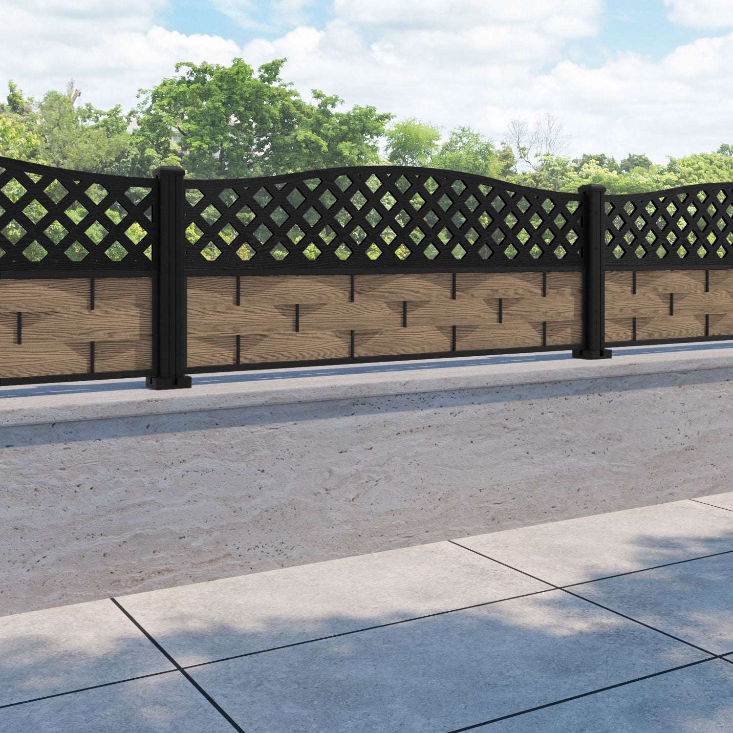 Ripple High Wave Fence Panel - Teak - with our aluminium posts