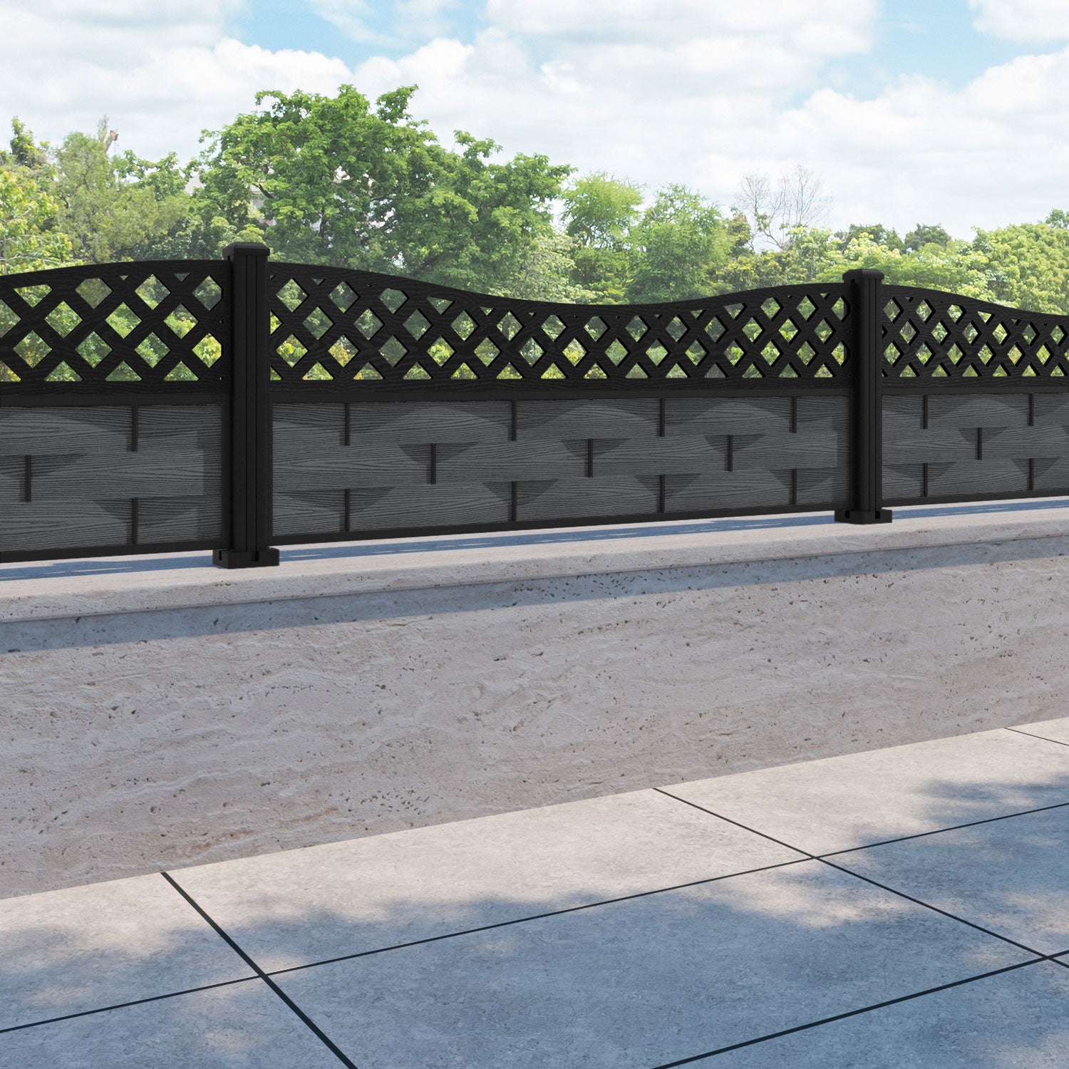 Ripple Low Wave Fence Panel - Dark Grey - with our aluminium posts