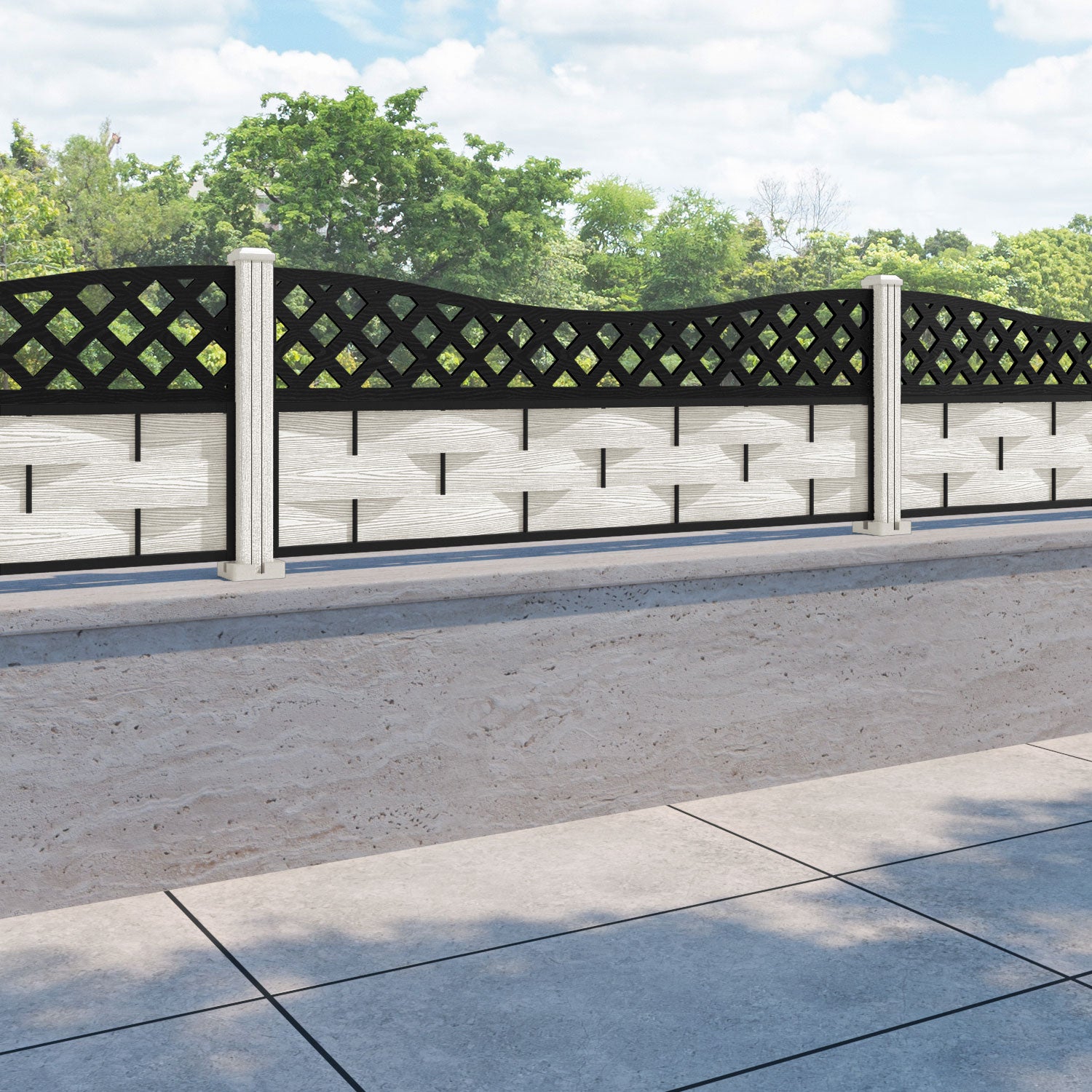 Ripple Low Wave Fence Panel - Light Stone - with our composite posts