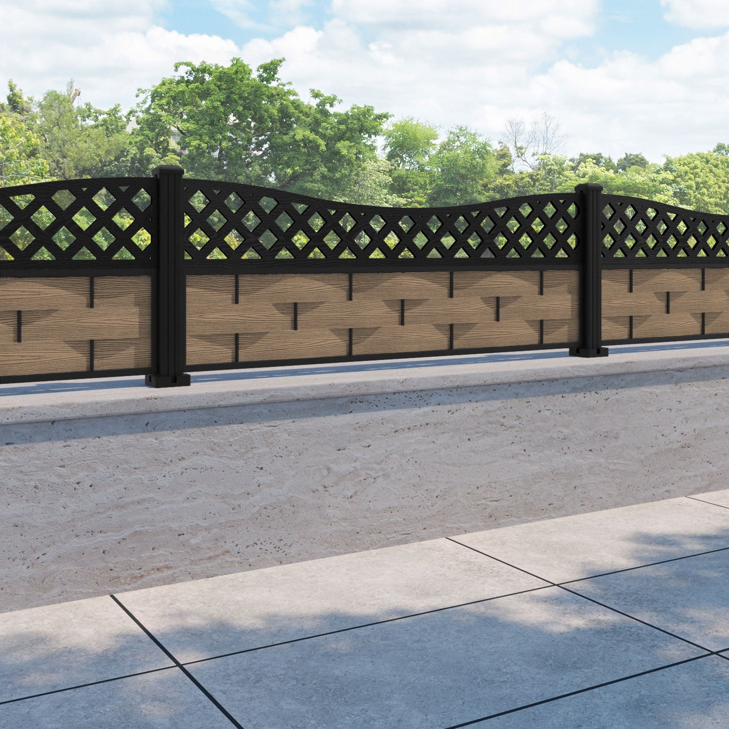 Ripple Low Wave Fence Panel - Teak - with our aluminium posts