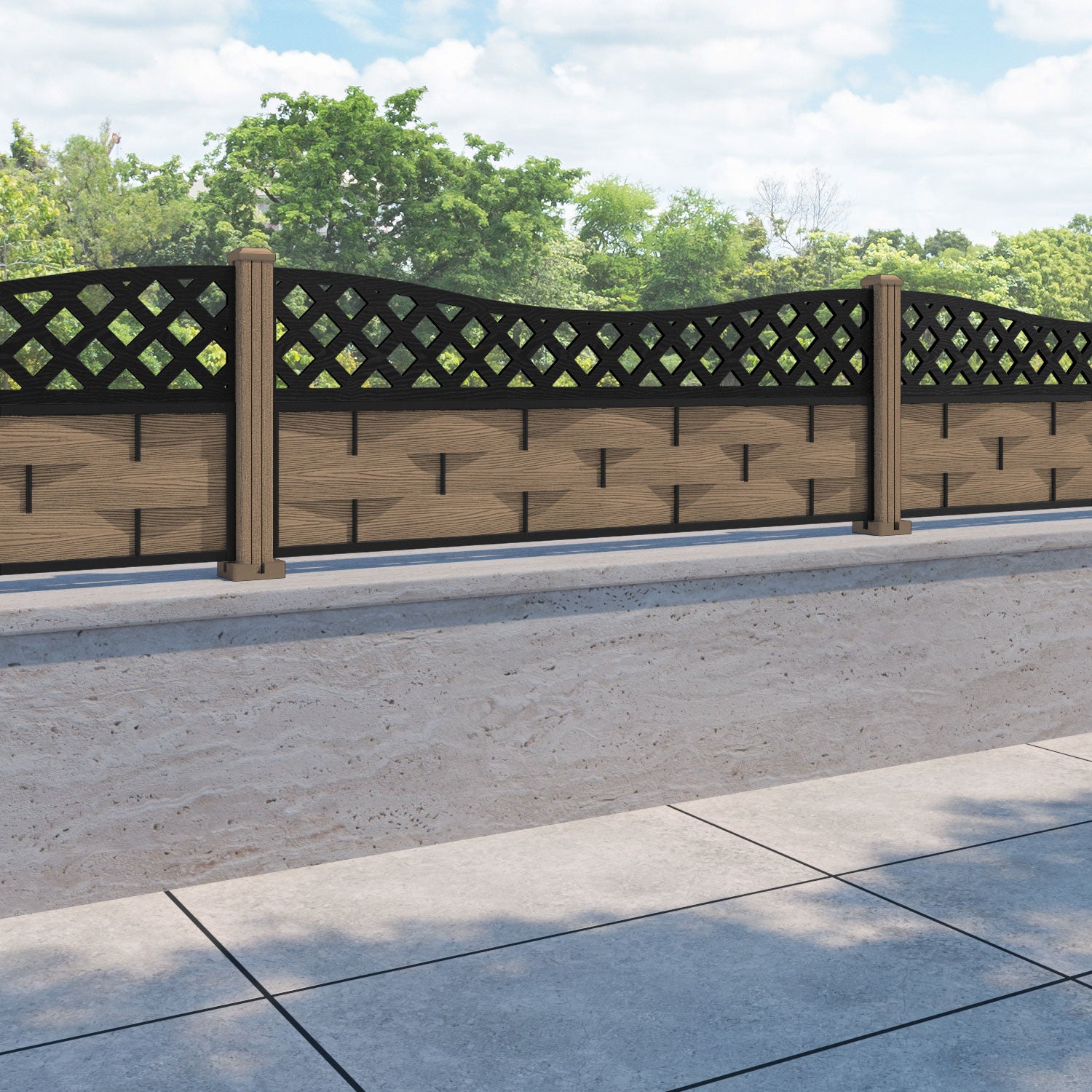 Ripple Low Wave Fence Panel - Teak - with our composite posts