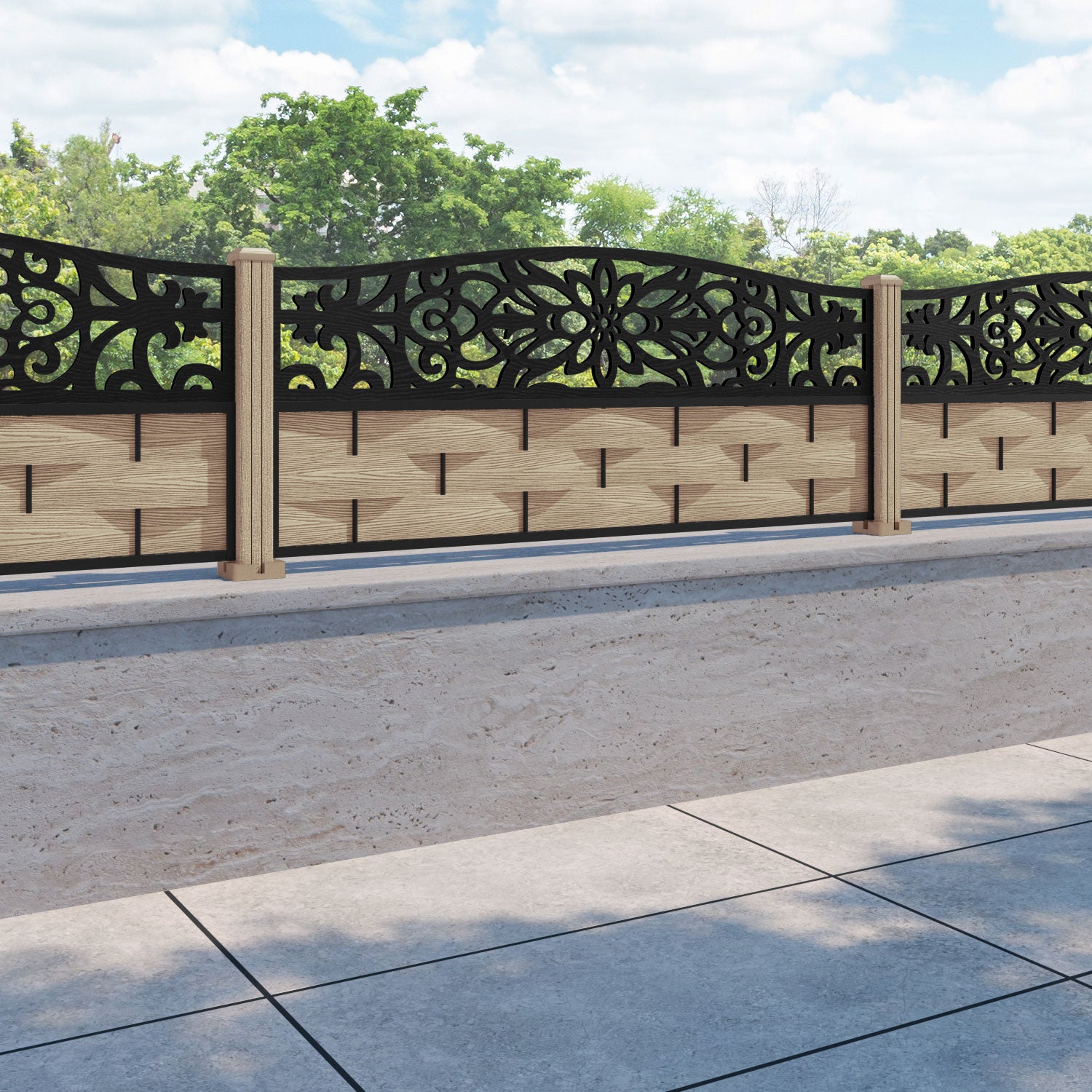 Ripple Windsor Curved Top Fence Panel - Light Oak - with our composite posts