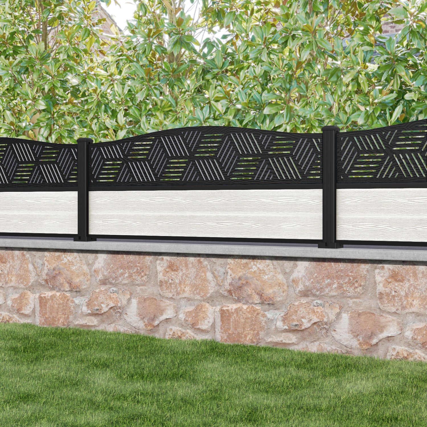 Classic Cubed Curved Top Fence Panel - Light Stone - with our aluminium posts