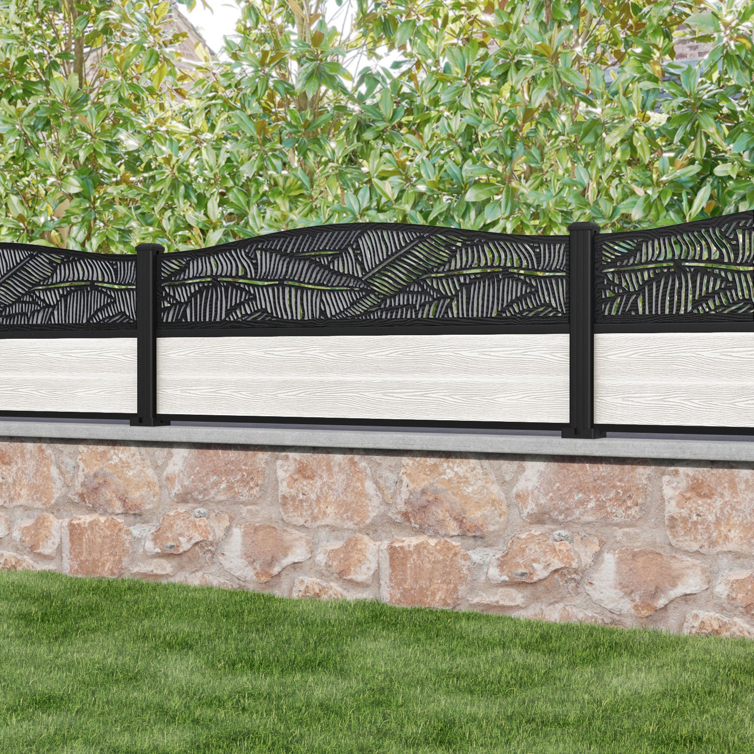 Classic Feather Curved Top Fence Panel - Light Stone - with our aluminium posts