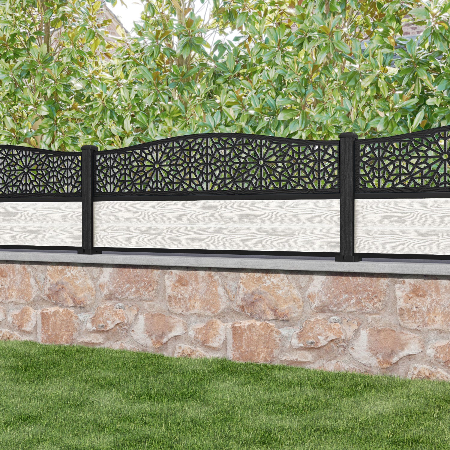Classic Alnara Curved Top Fence Panel - Light Stone - with our composite posts