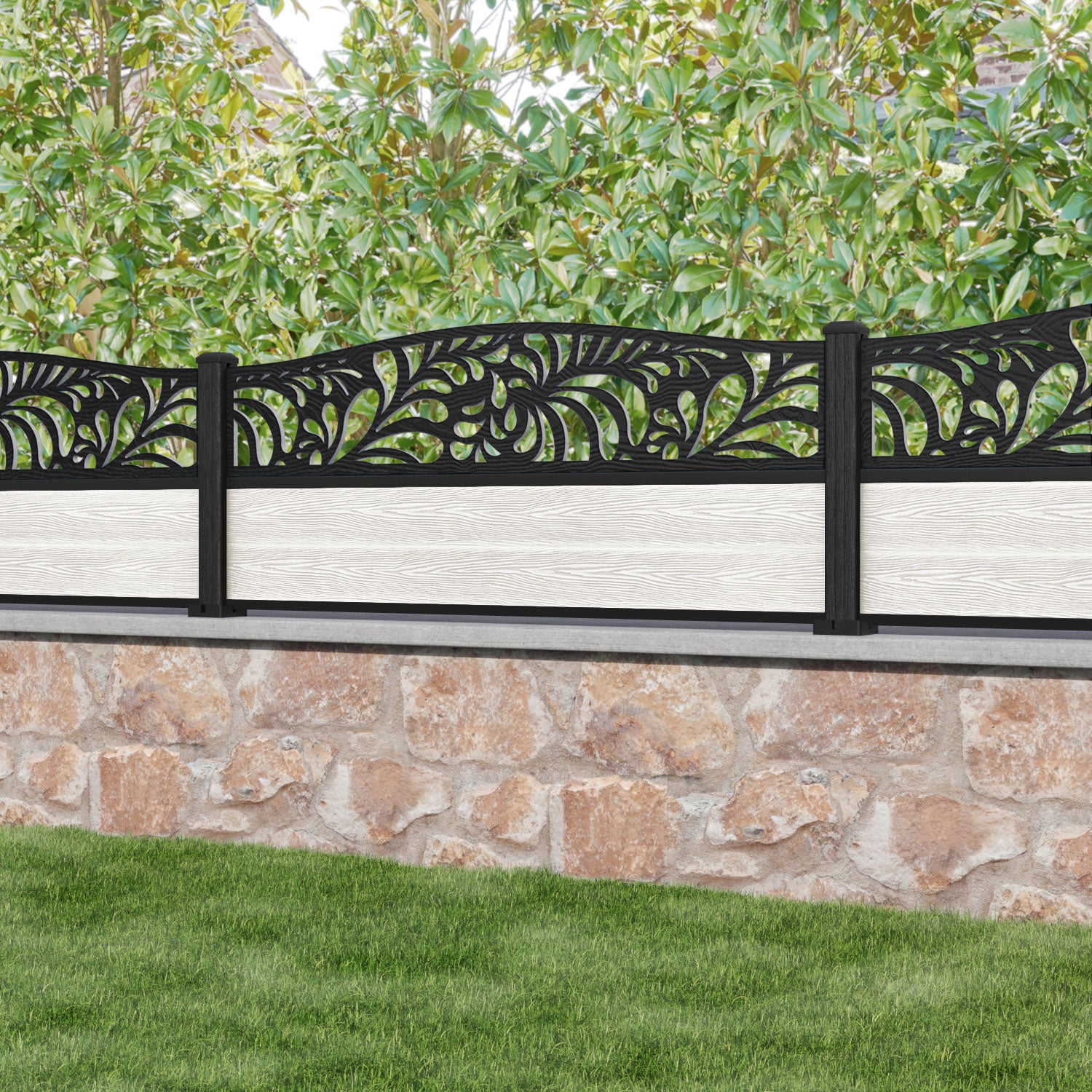 Classic Petal Curved Top Fence Panel - Light Stone - with our composite posts