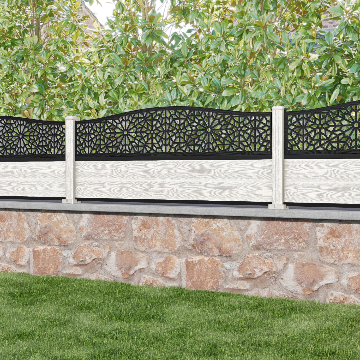 Classic Alnara Curved Top Fence Panel - Light Stone - with our composite posts