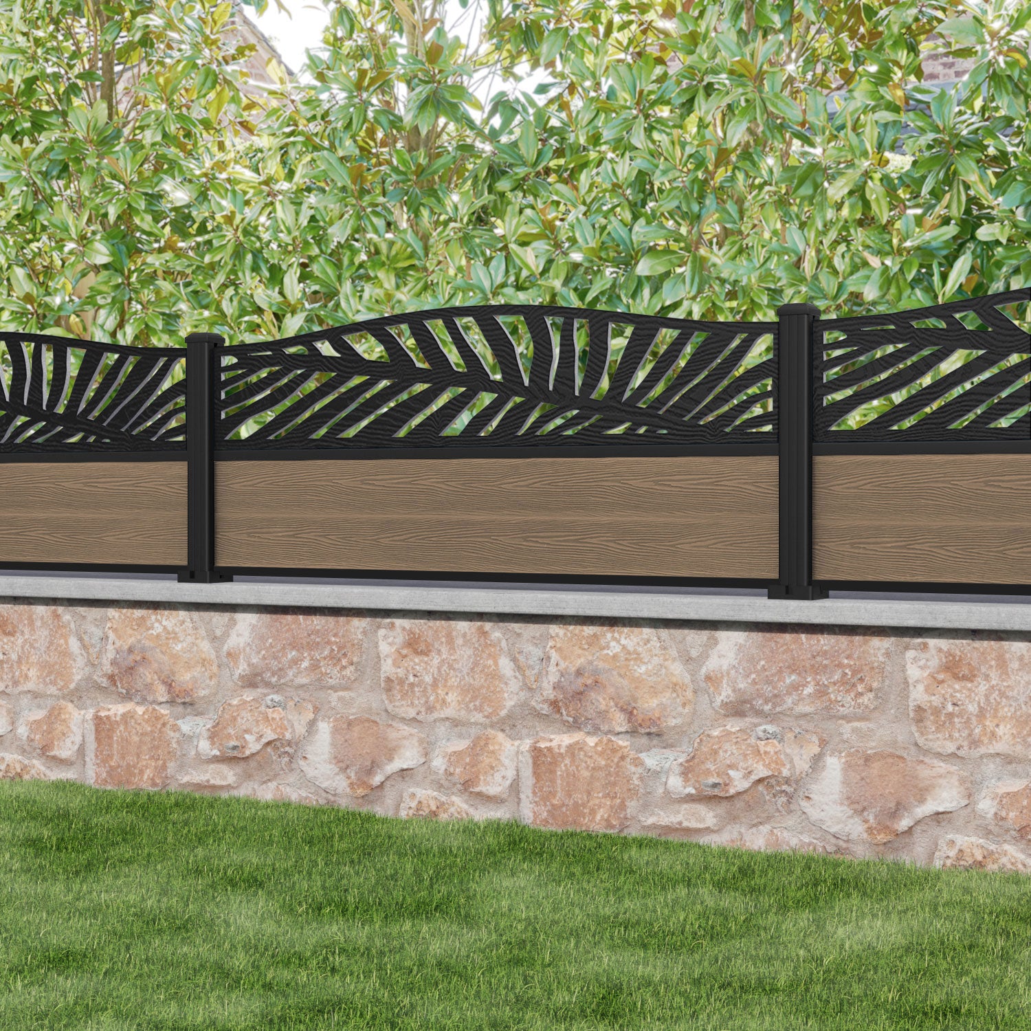 Classic Palm Curved Top Fence Panel - Teak - with our aluminium posts