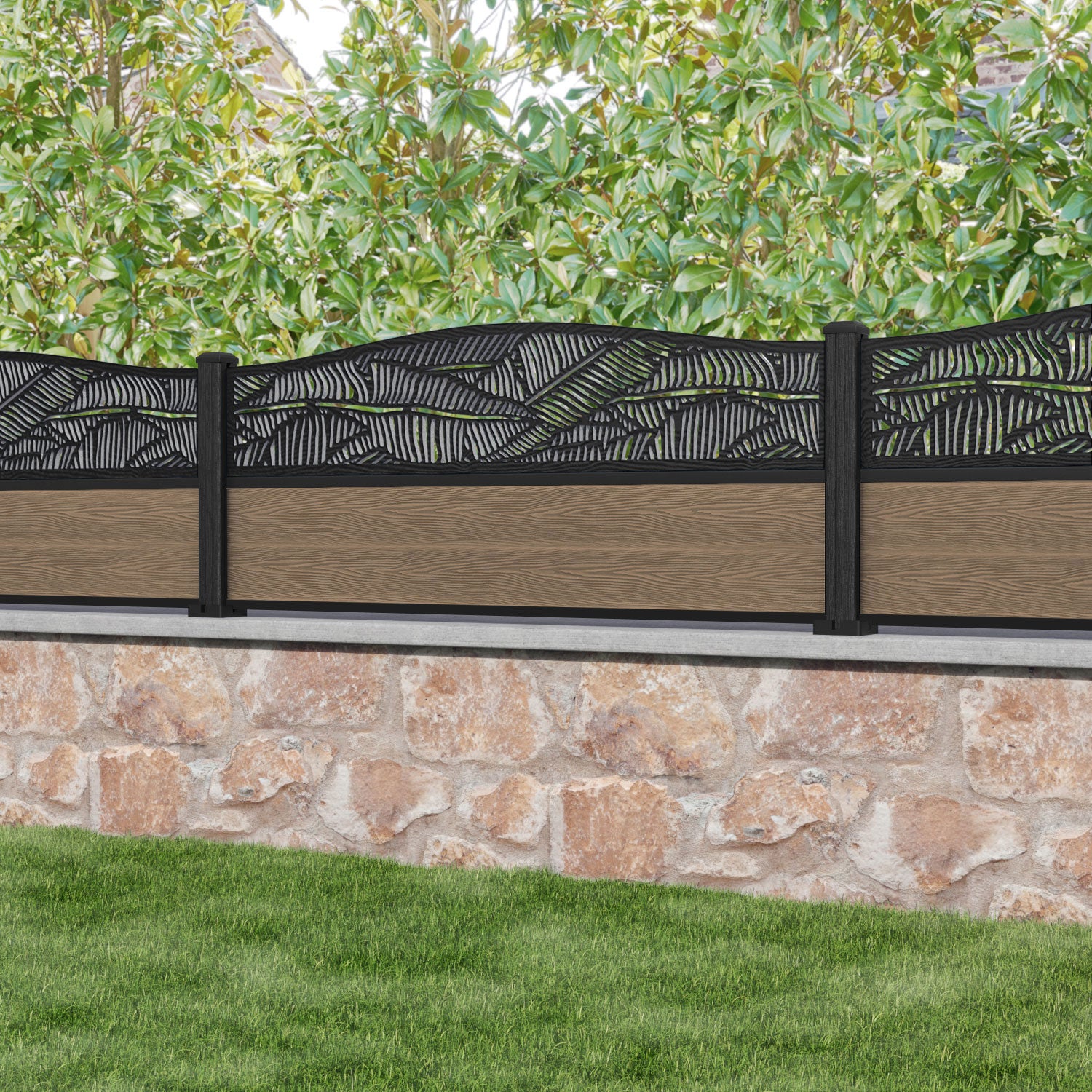 Classic Feather Curved Top Fence Panel - Teak - with our composite posts
