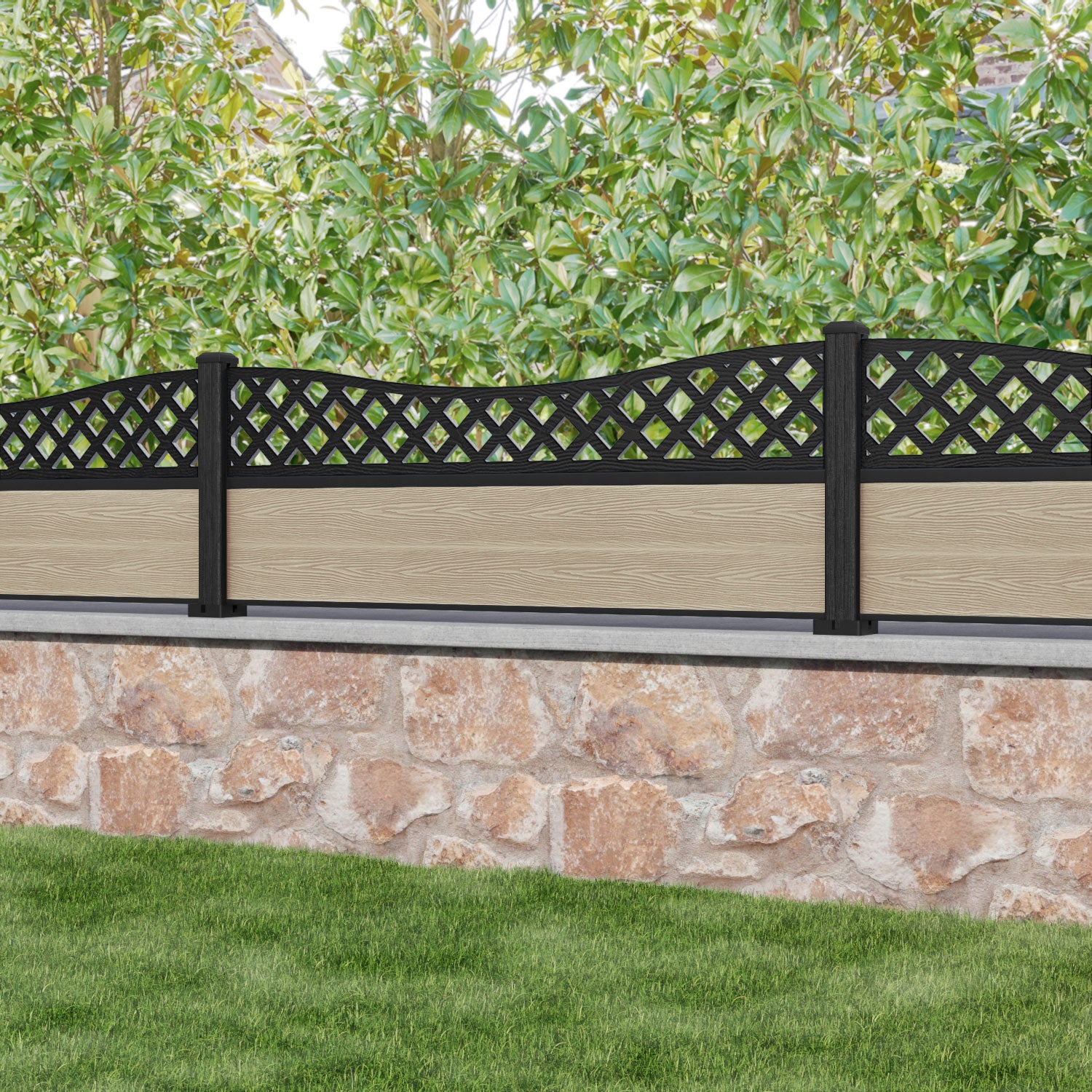 Classic Low Wave Fence Panel - Light Oak - with our composite posts