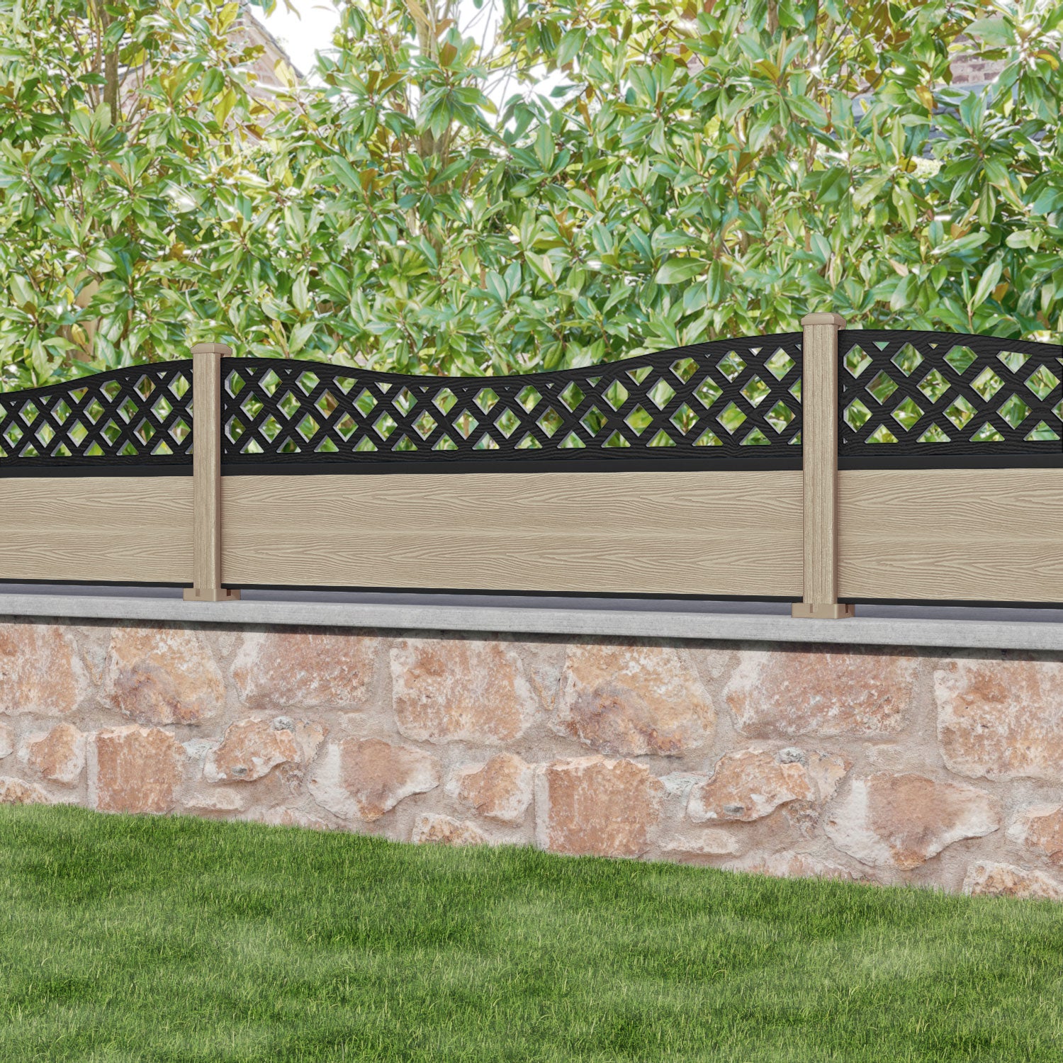 Classic Low Wave Fence Panel - Light Oak - with our composite posts