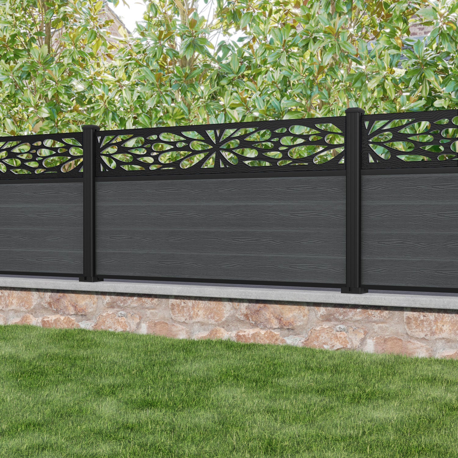 Classic Blossom Fence Panel - Dark Grey - with our aluminium posts