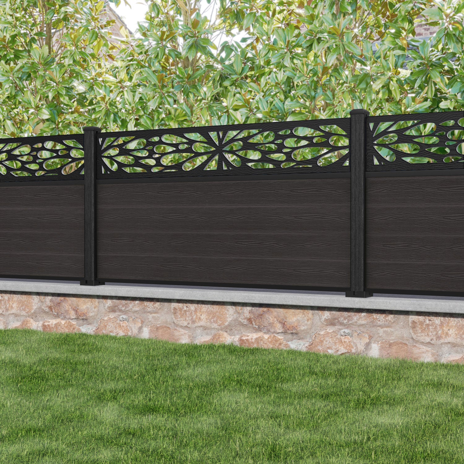 Classic Blossom Fence Panel - Dark Oak - with our composite posts