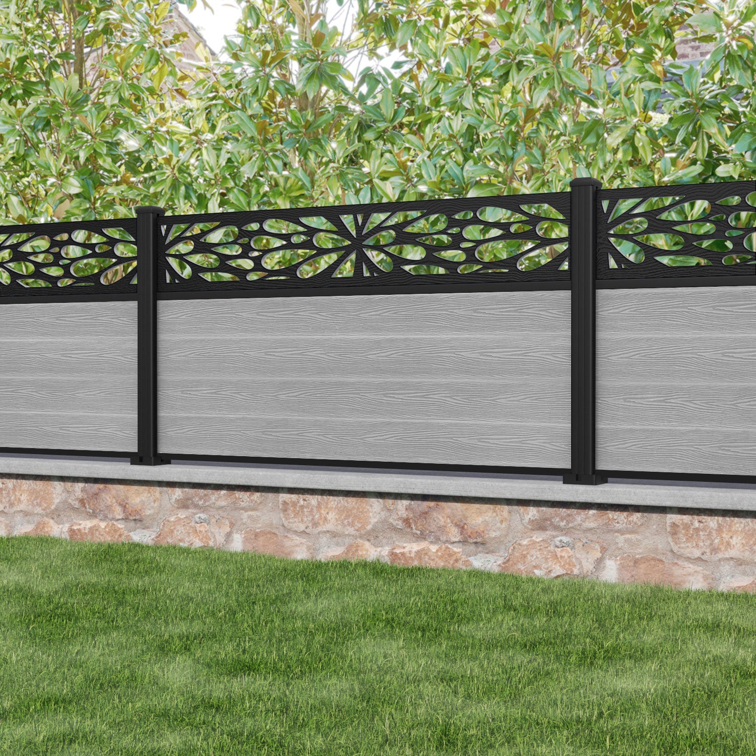 Classic Blossom Fence Panel - Light Grey - with our aluminium posts