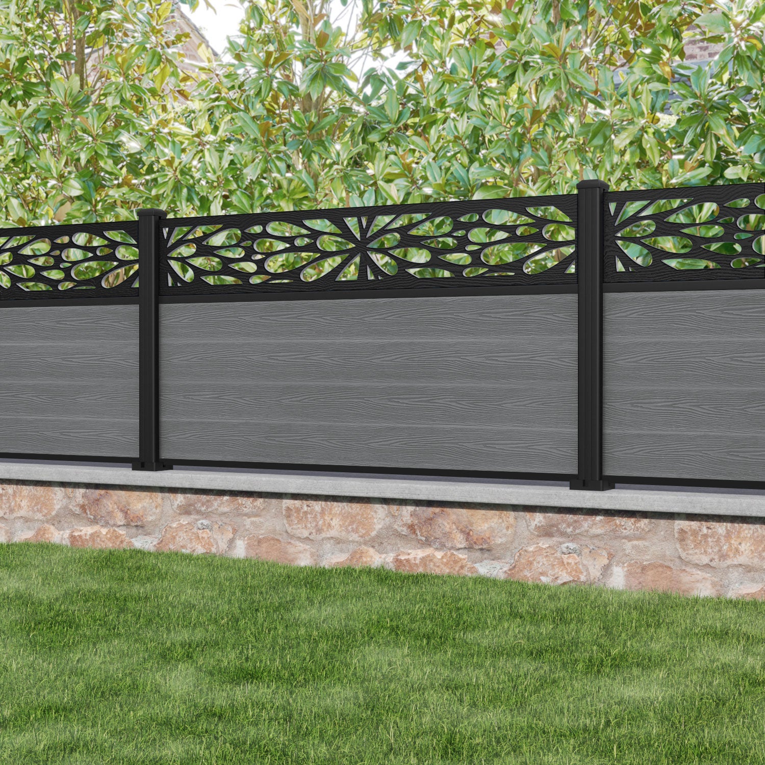 Classic Blossom Fence Panel - Mid Grey - with our aluminium posts