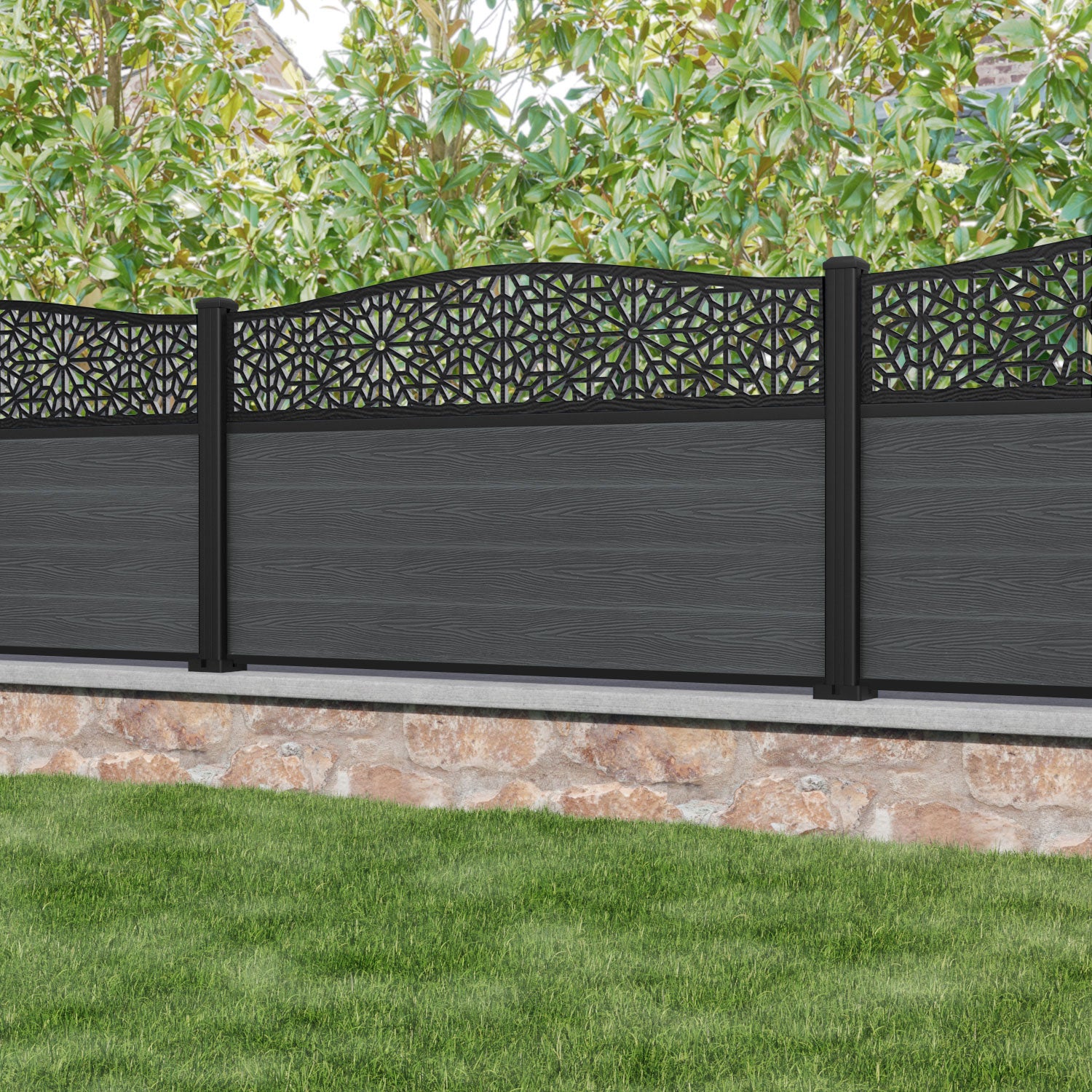 Classic Alnara Curved Top Fence Panel - Dark Grey - with our aluminium posts