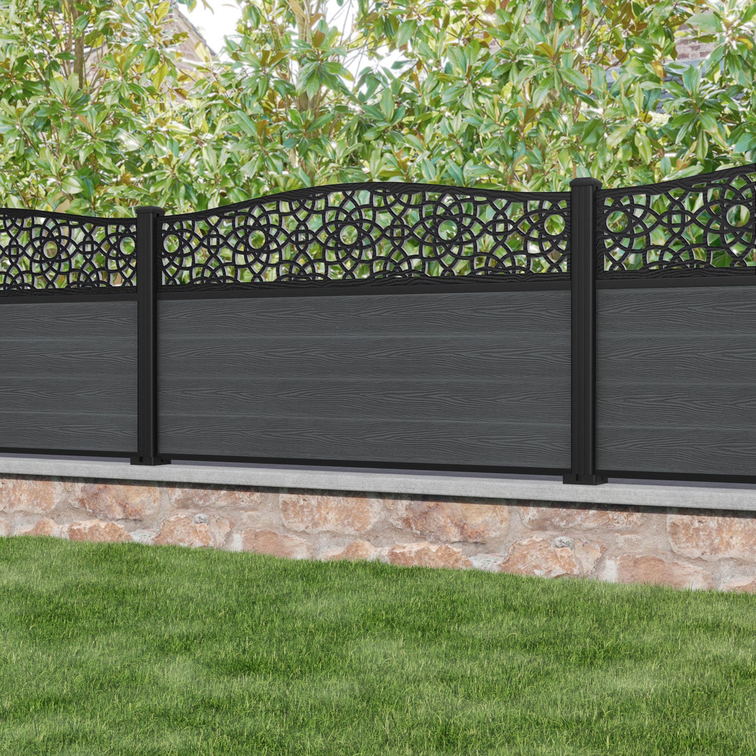 Classic Ambar Curved Top Fence Panel - Dark Grey - with our aluminium posts