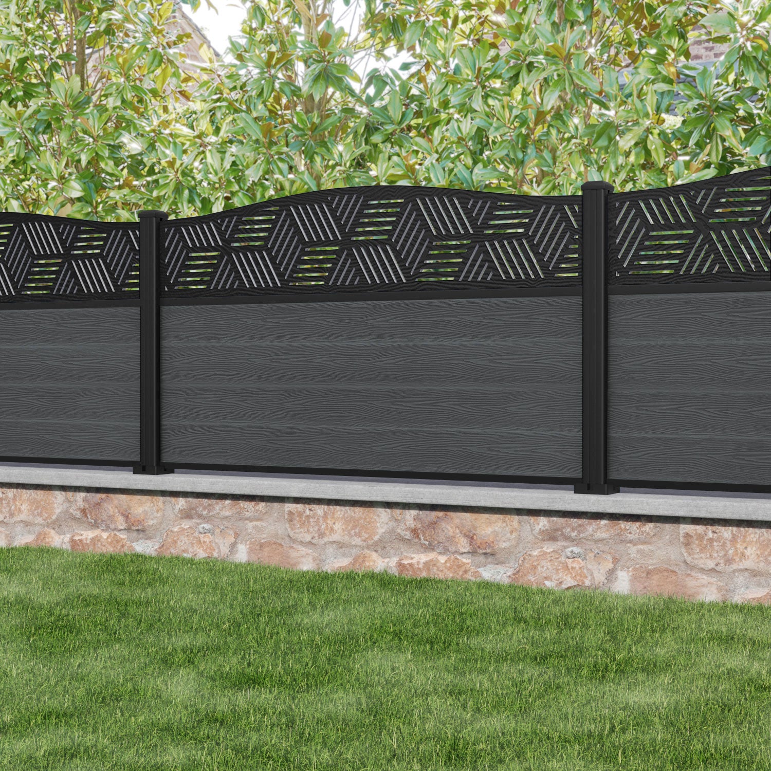 Classic Cubed Curved Top Fence Panel - Dark Grey - with our aluminium posts