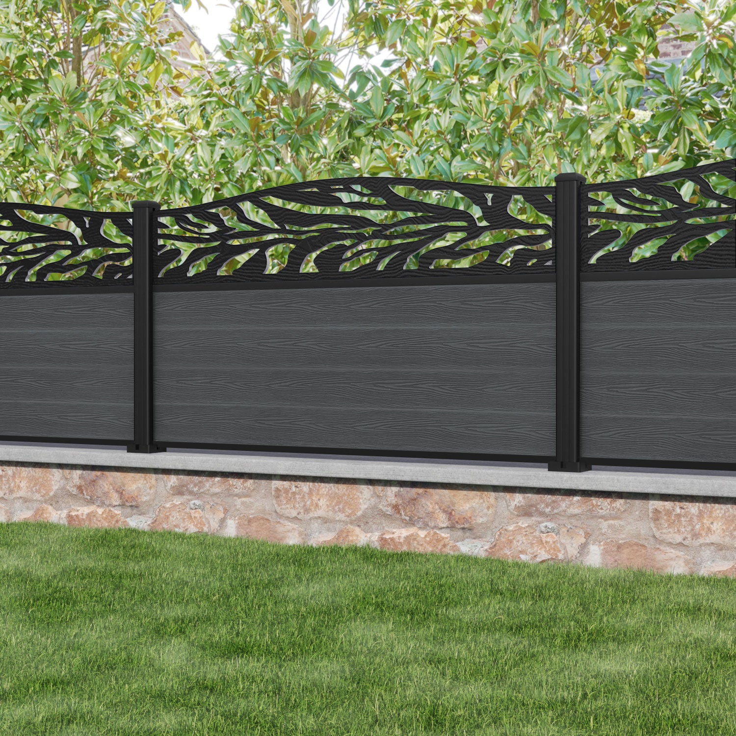 Classic Malawi Curved Top Fence Panel - Dark Grey - with our aluminium posts
