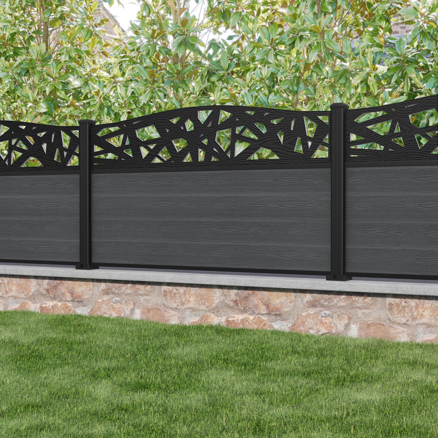 Classic Prism Curved Top Fence Panel - Dark Grey - with our aluminium posts