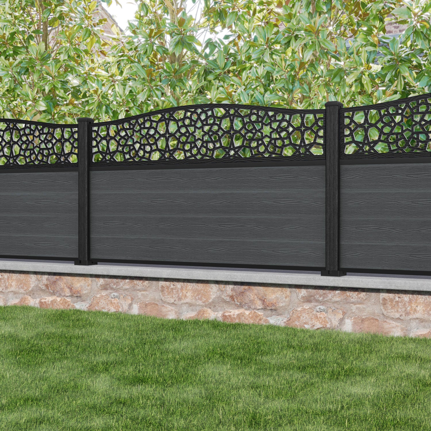 Classic Nazira Curved Top Fence Panel - Dark Grey - with our composite posts