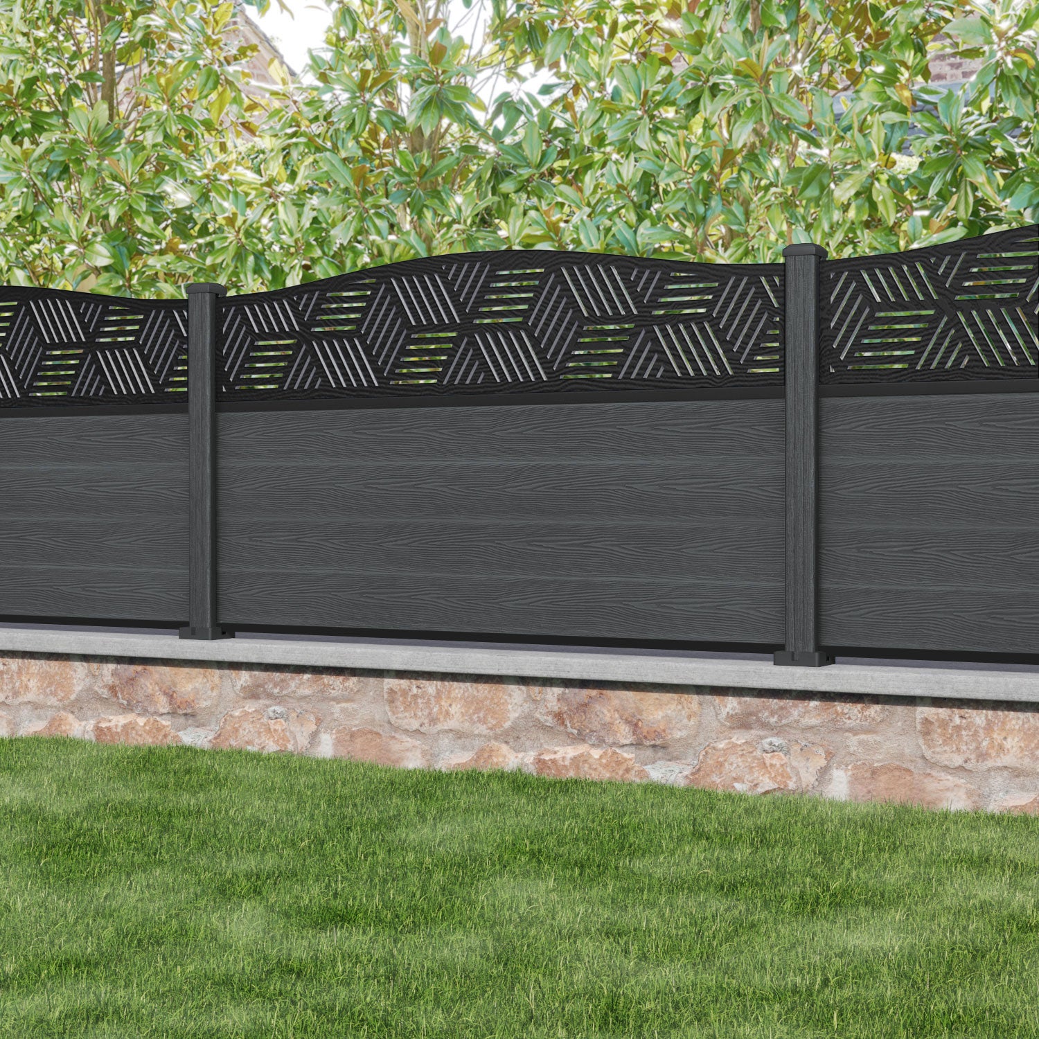 Classic Cubed Curved Top Fence Panel - Dark Grey - with our composite posts