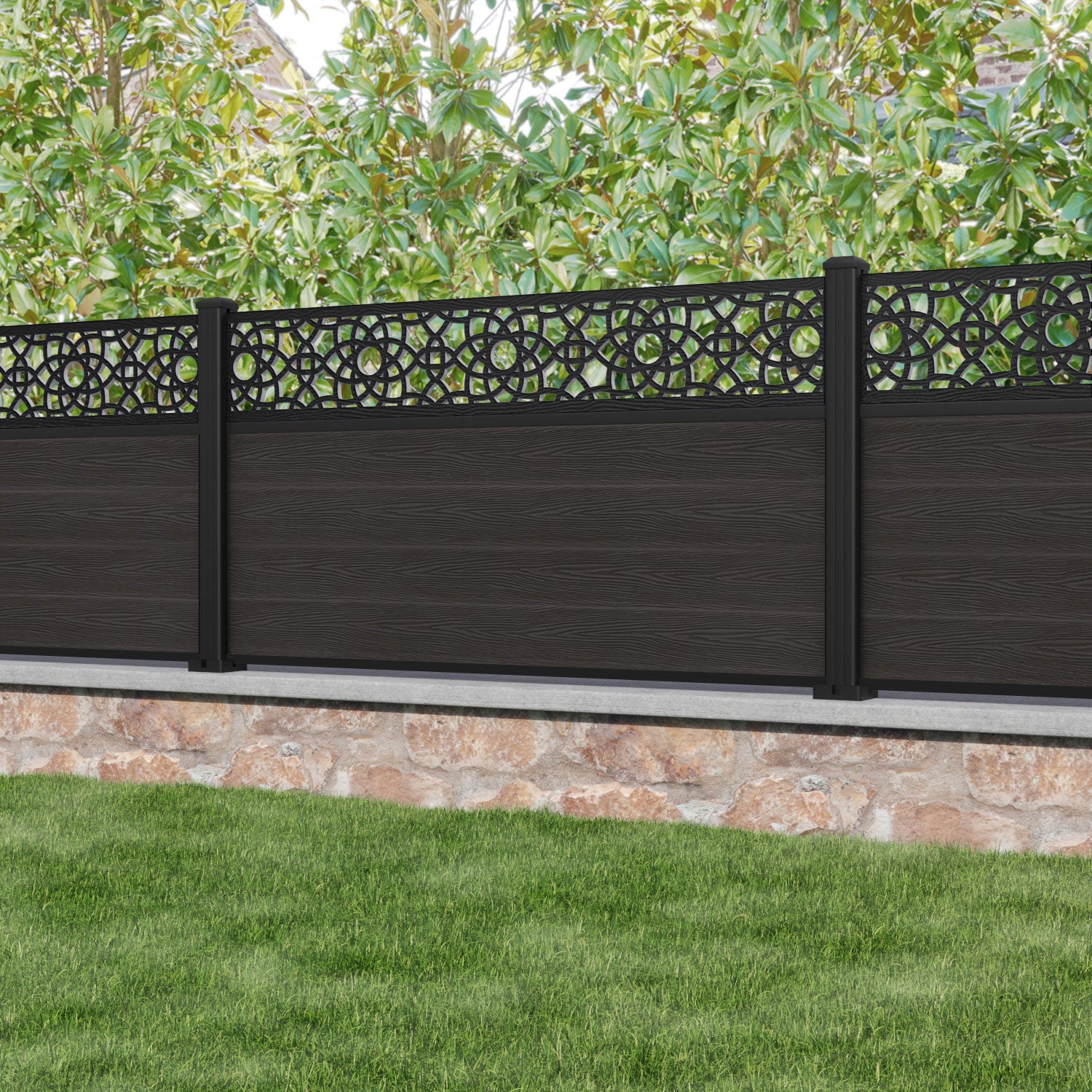 Classic Ambar Fence Panel - Dark Oak - with our aluminium posts