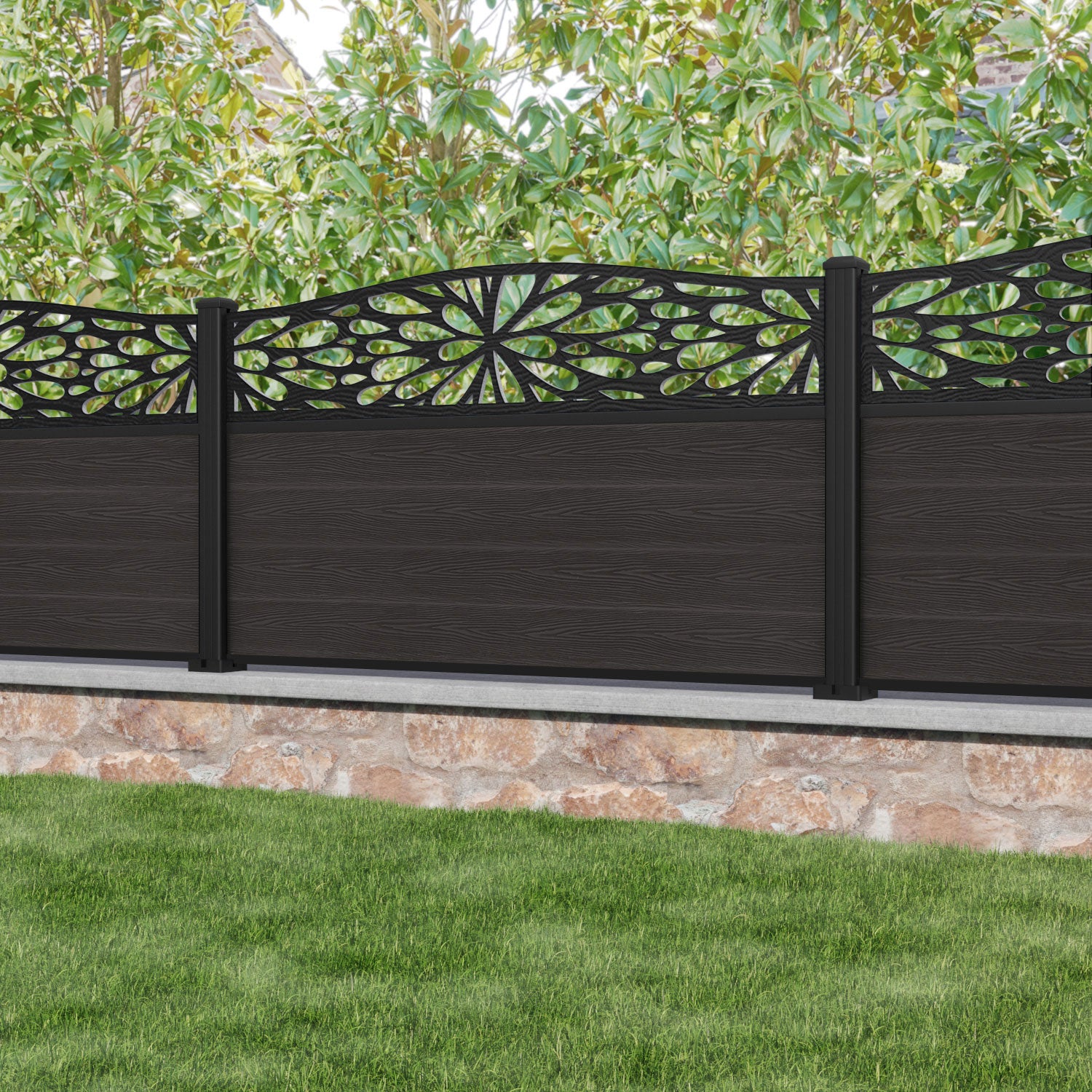 Classic Blossom Curved Top Fence Panel - Dark Oak - with our aluminium posts