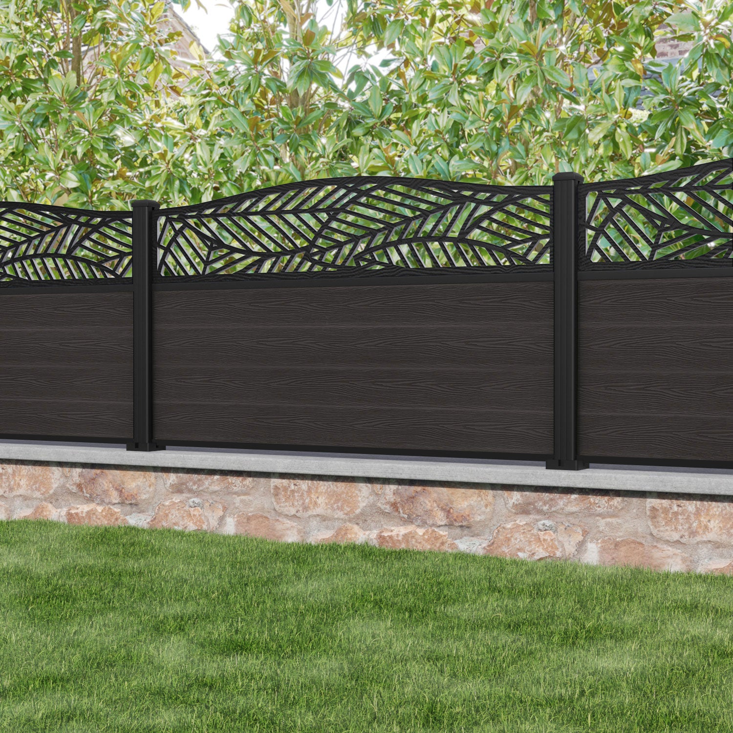 Classic Habitat Curved Top Fence Panel - Dark Oak - with our aluminium posts