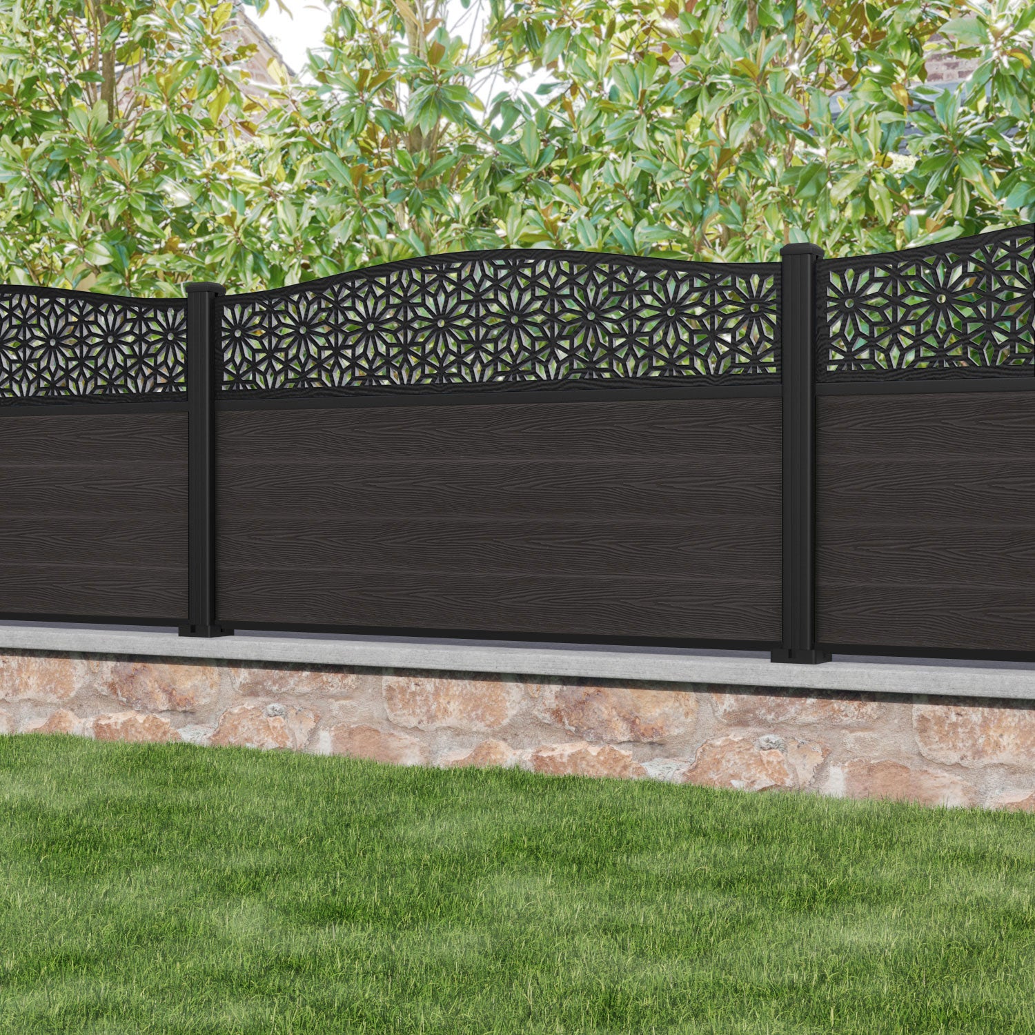 Classic Narwa Curved Top Fence Panel - Dark Oak - with our aluminium posts