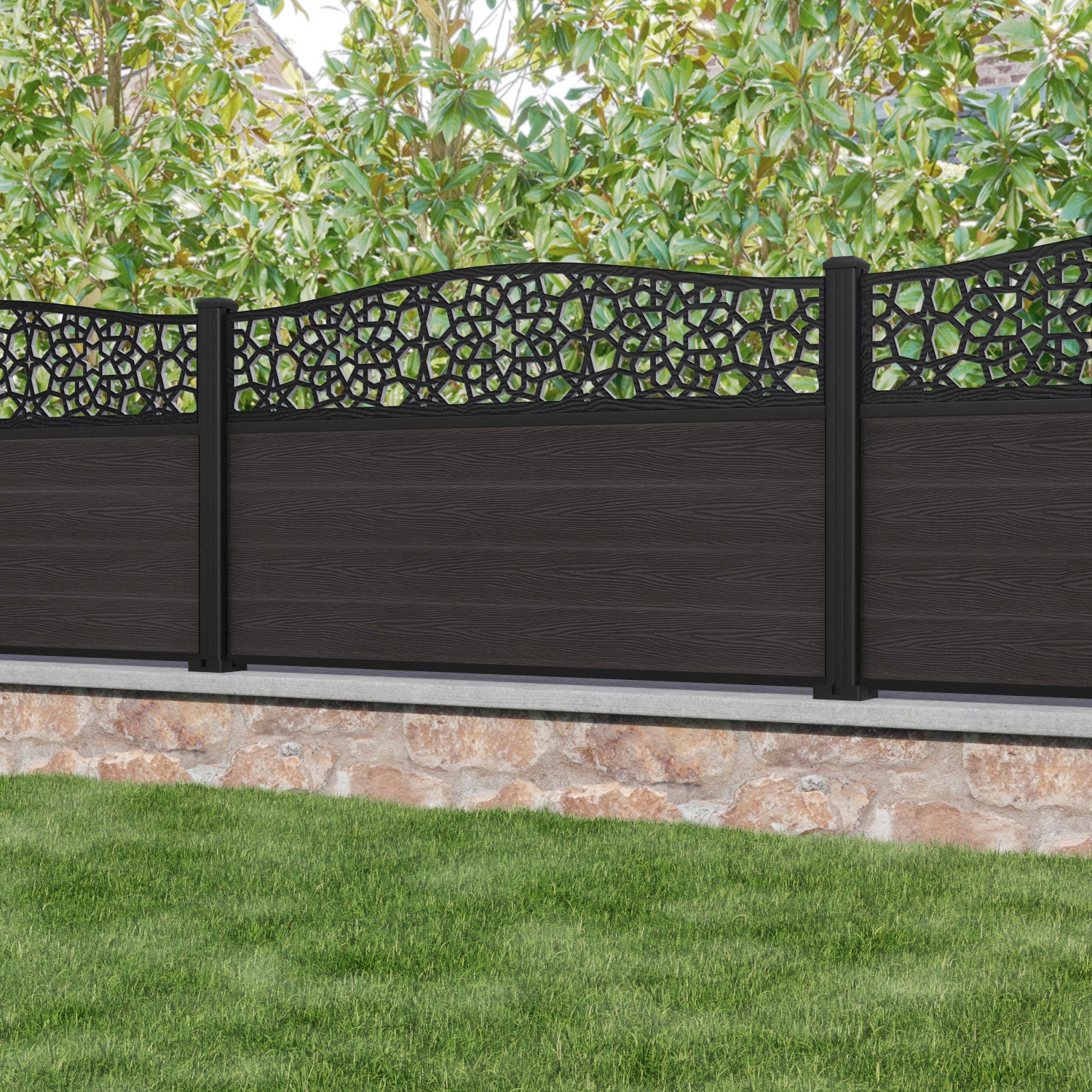 Classic Nazira Curved Top Fence Panel - Dark Oak - with our aluminium posts