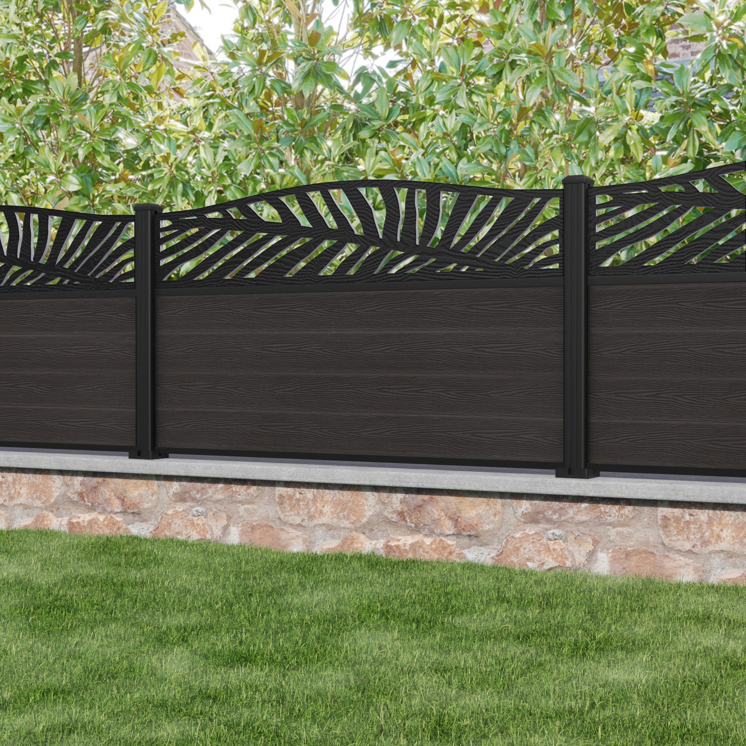 Classic Palm Curved Top Fence Panel - Dark Oak - with our aluminium posts