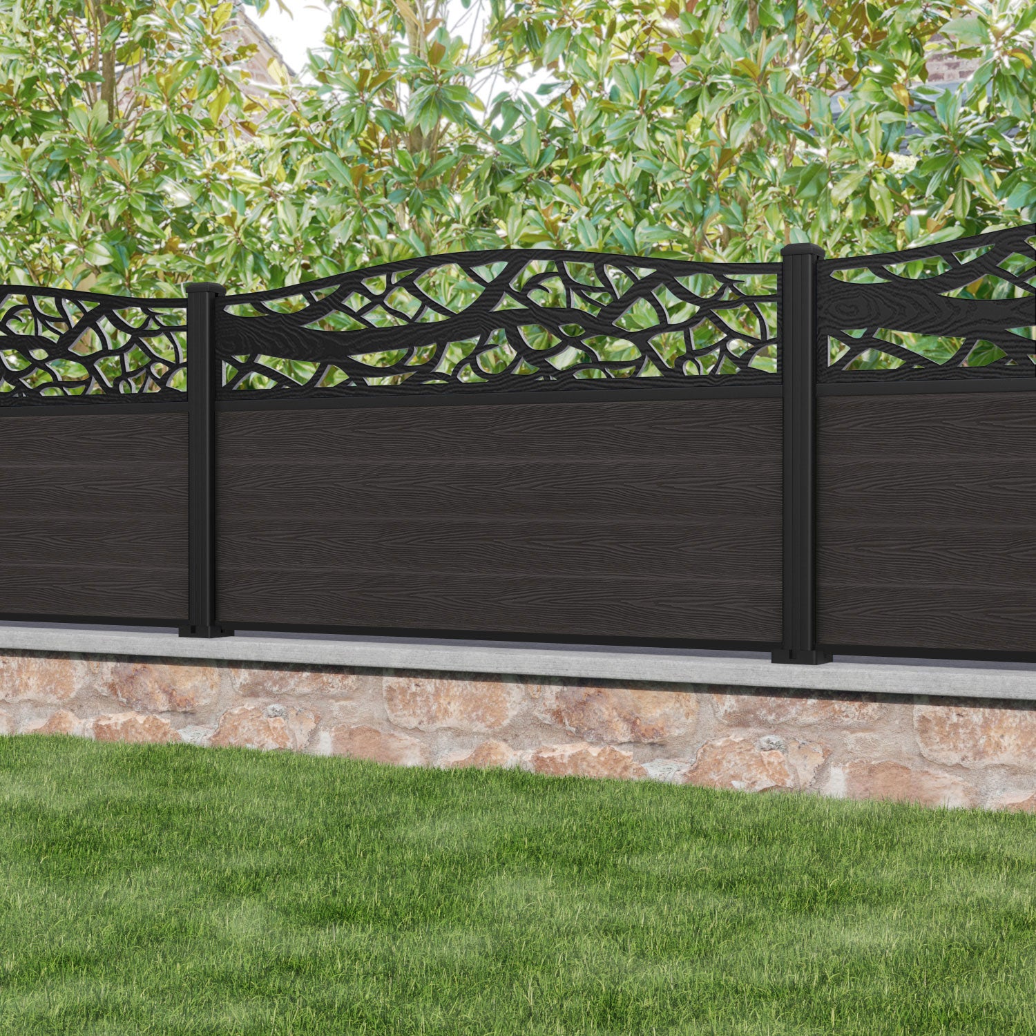 Classic Twilight Curved Top Fence Panel - Dark Oak - with our aluminium posts