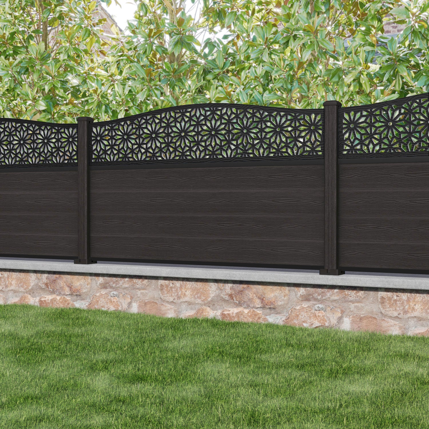 Classic Narwa Curved Top Fence Panel - Dark Oak - with our composite posts
