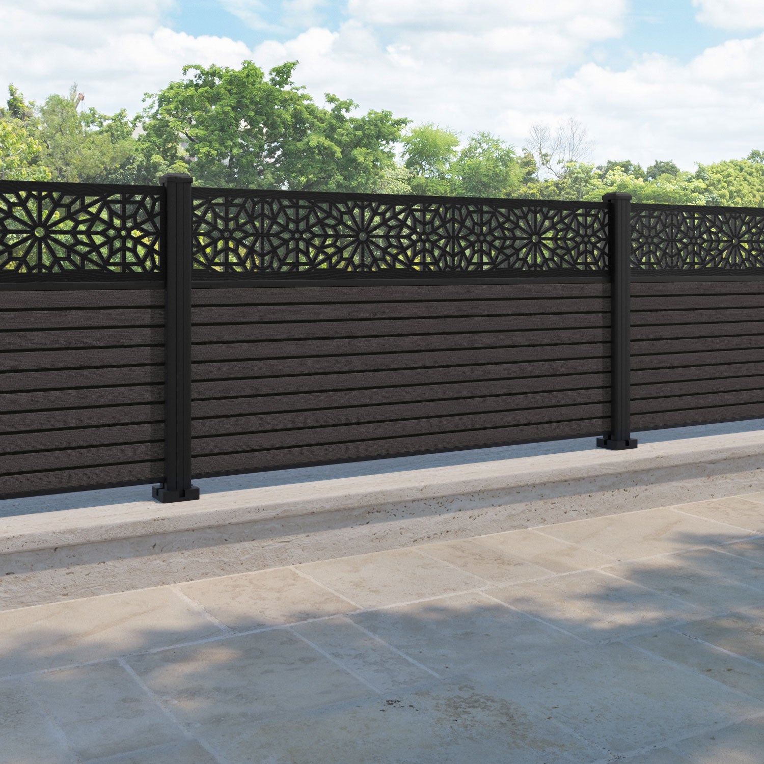 Hudson Alnara Fence Panel - Dark Oak - with our aluminium posts