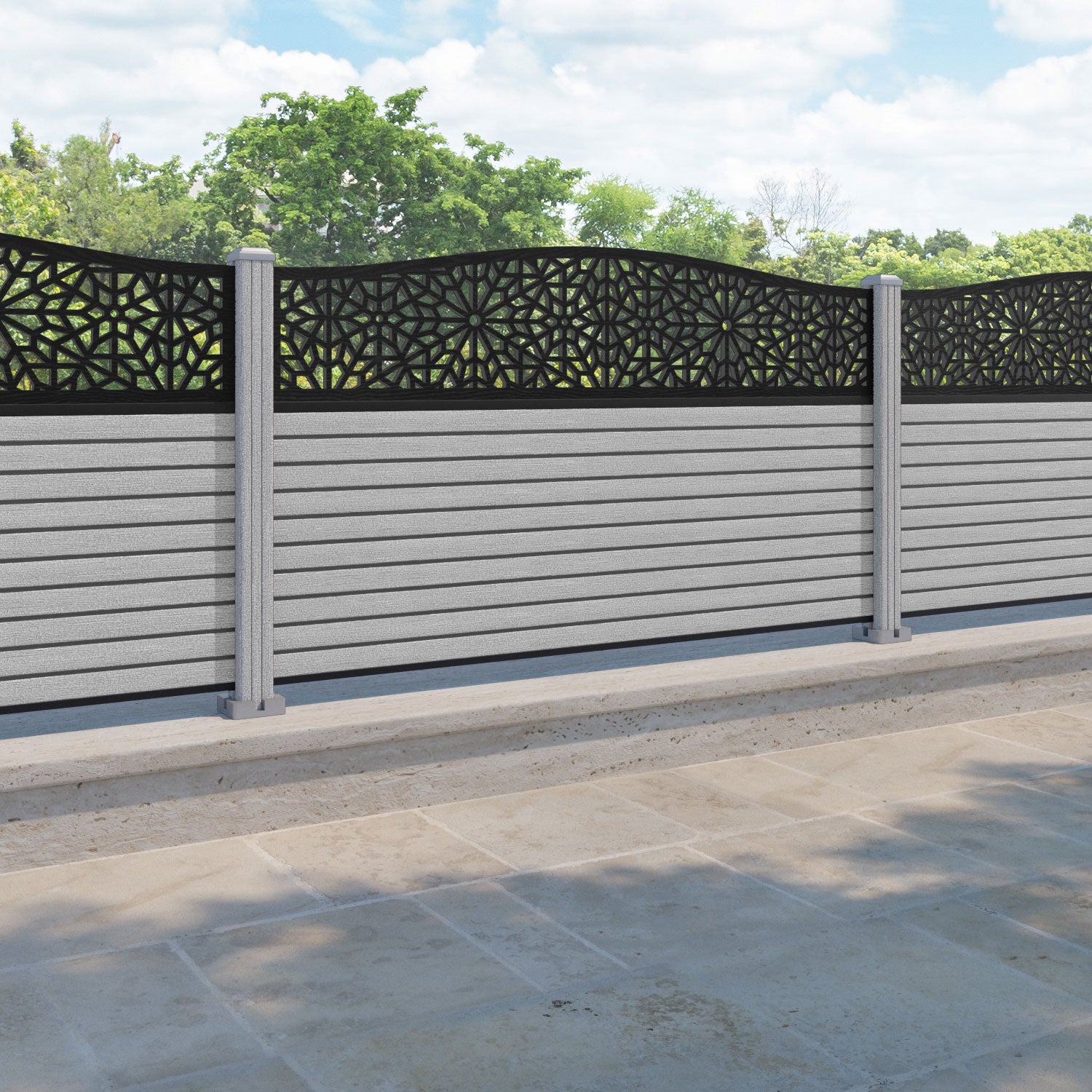 Hudson Alnara Curved Top Fence Panel - Light Grey - with our composite posts